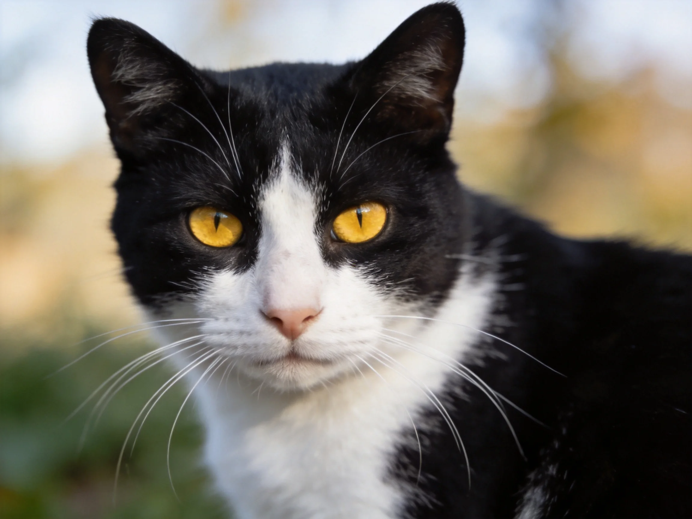 A black and white cat with yellow eyes gazes intently outdoors.