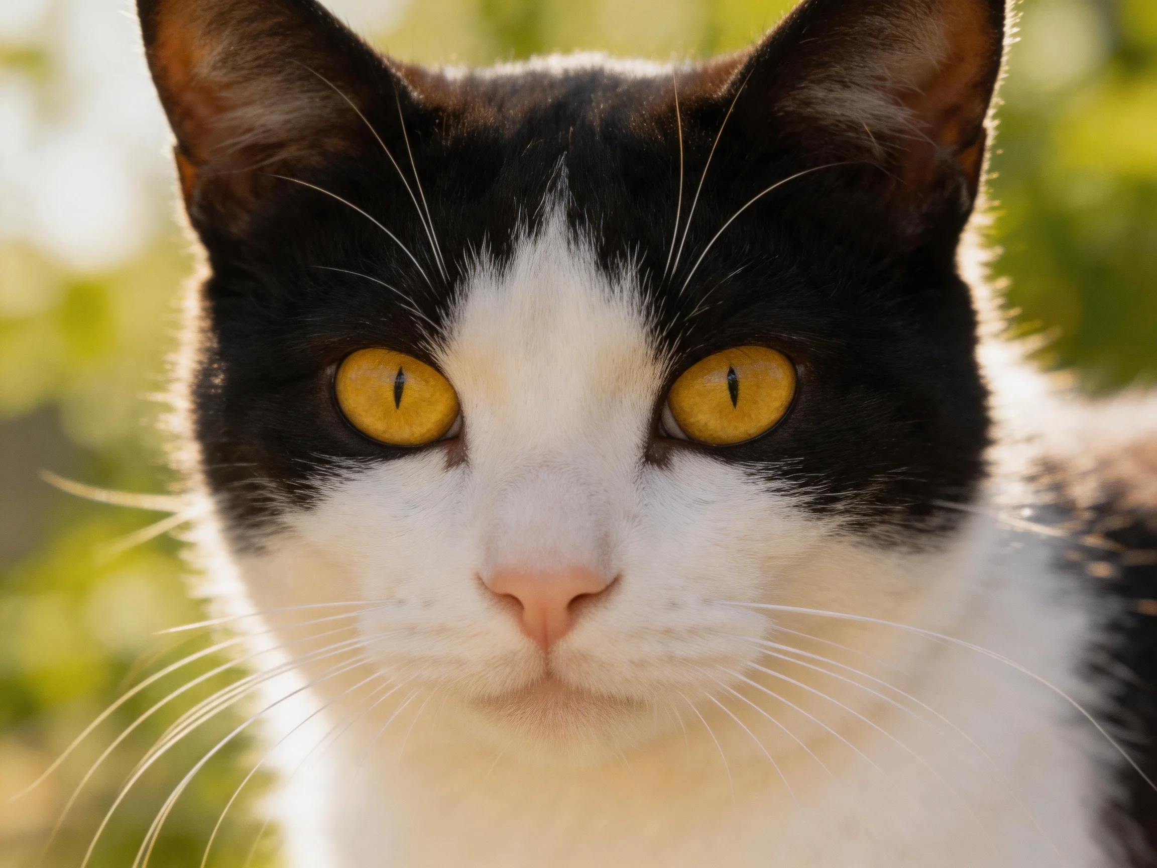 A black and white cat looks directly at the camera with bright yellow eyes.