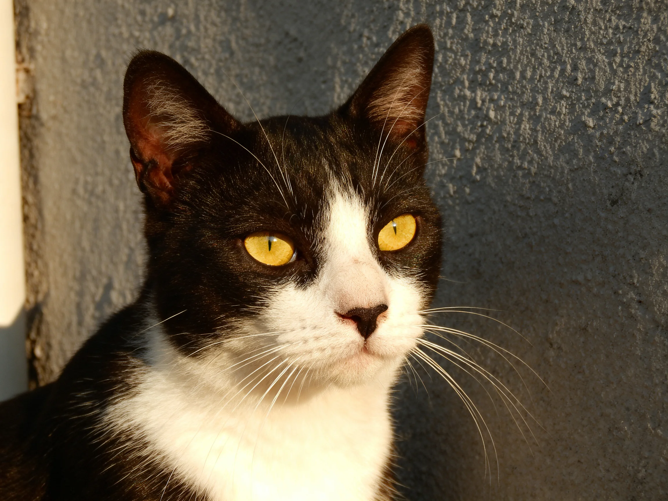 A black and white cat with yellow eyes sits by a gray wall.
