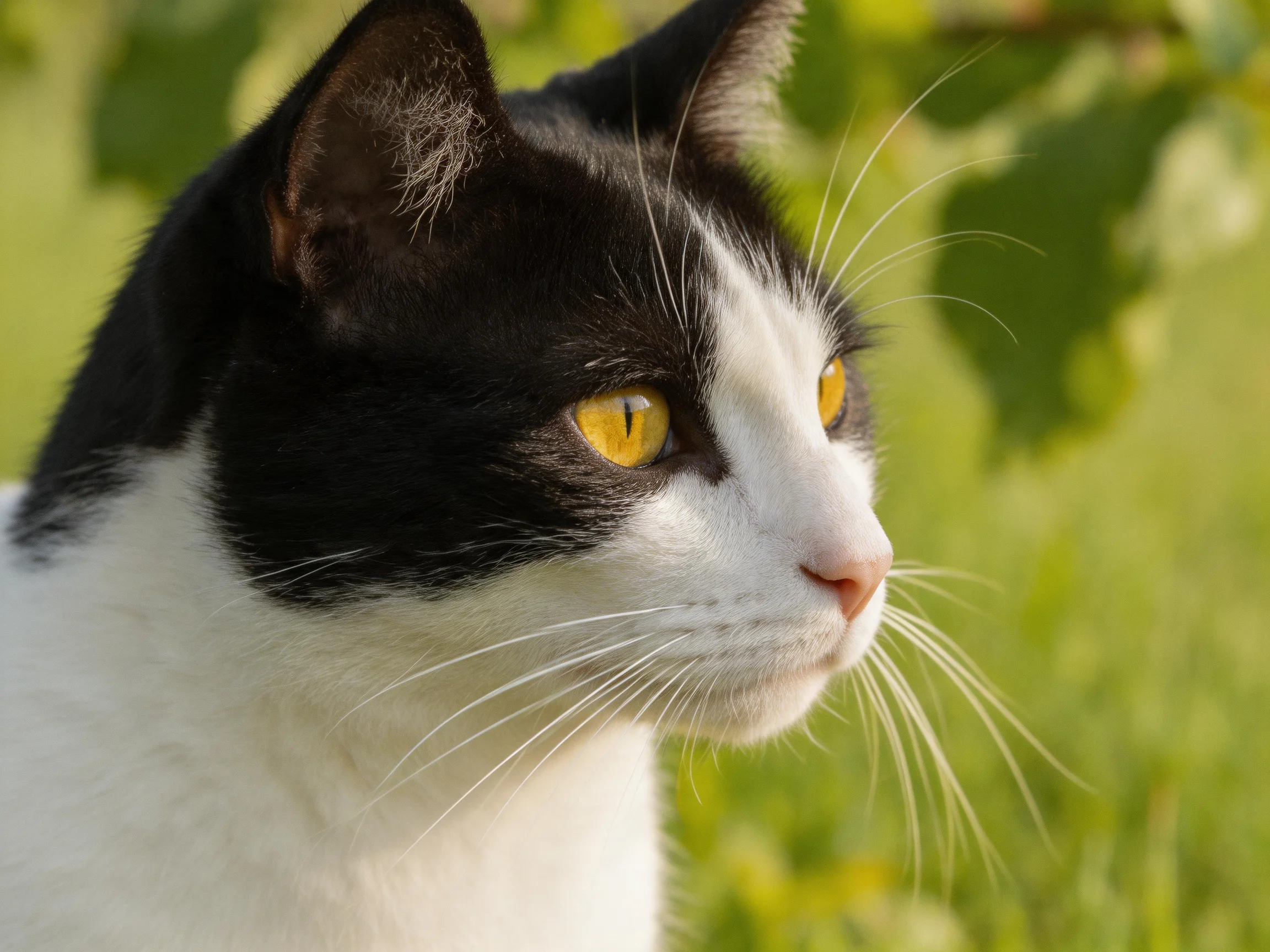 A black-and-white cat looks intently while surrounded by greenery.