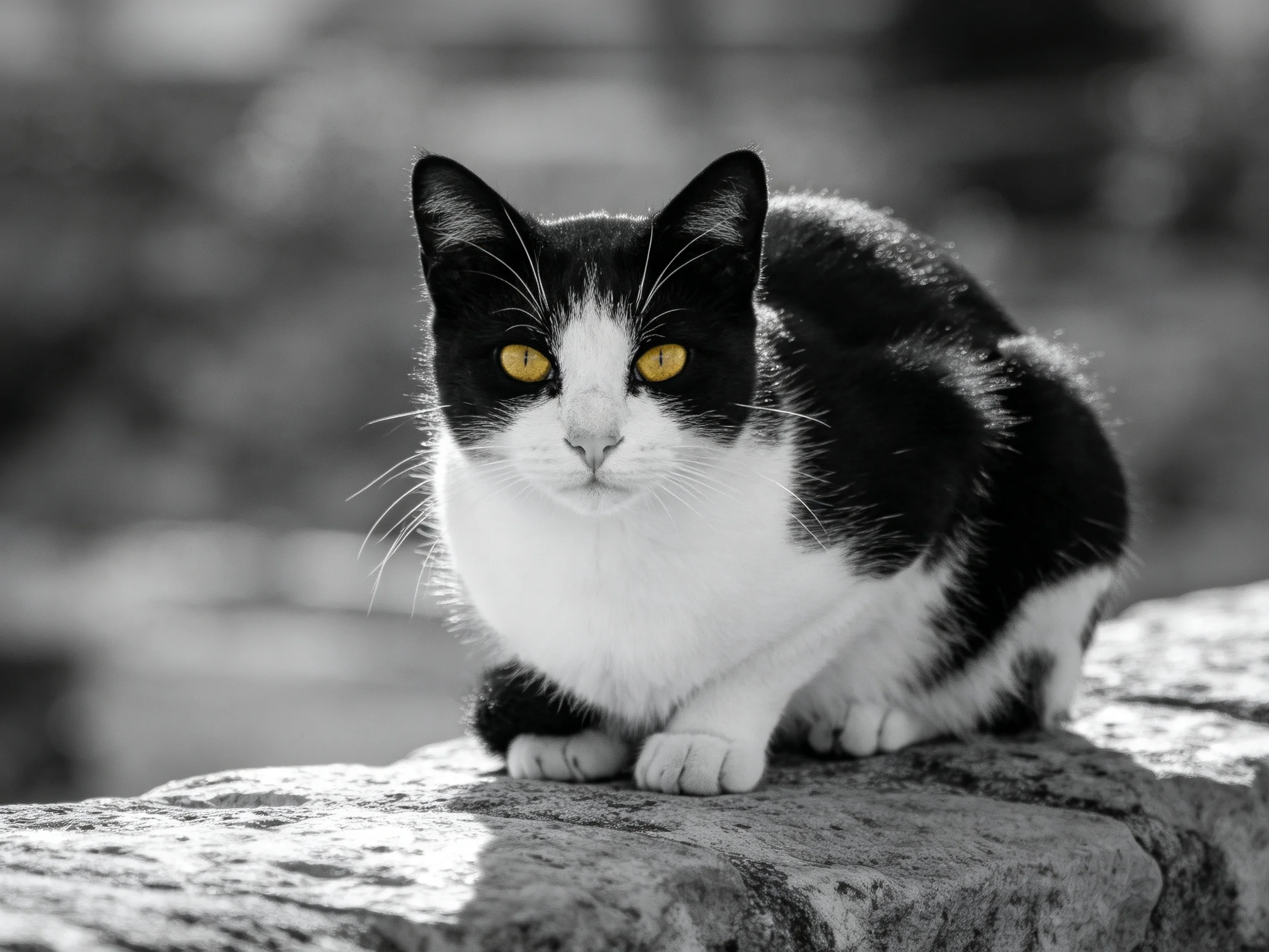 A black-and-white cat with vivid yellow eyes sits on a stone ledge.