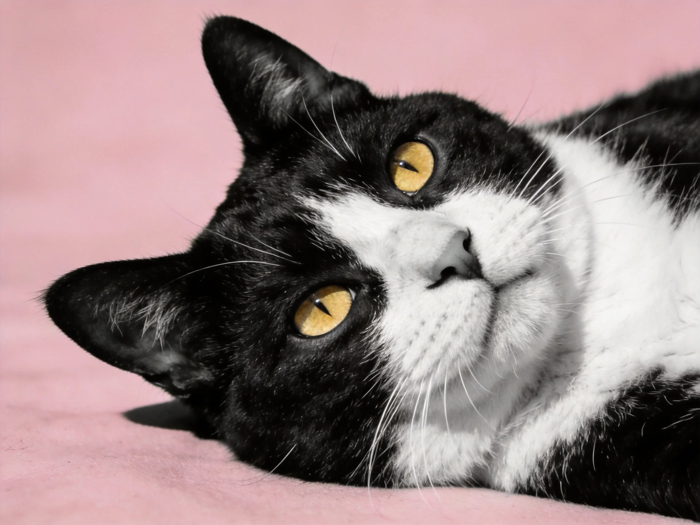 A black and white cat with yellow eyes relaxes on a pink fabric.