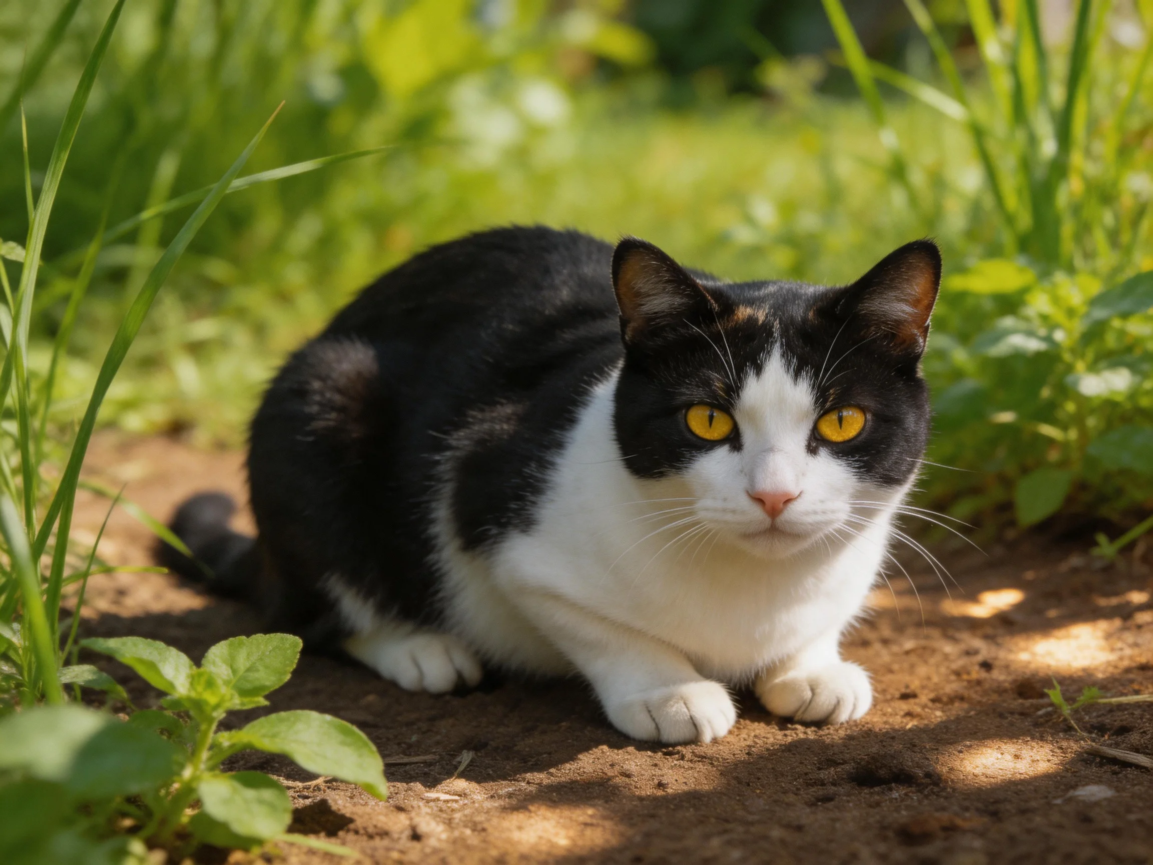 A black-and-white cat with yellow eyes sits calmly among greenery in sunlight.