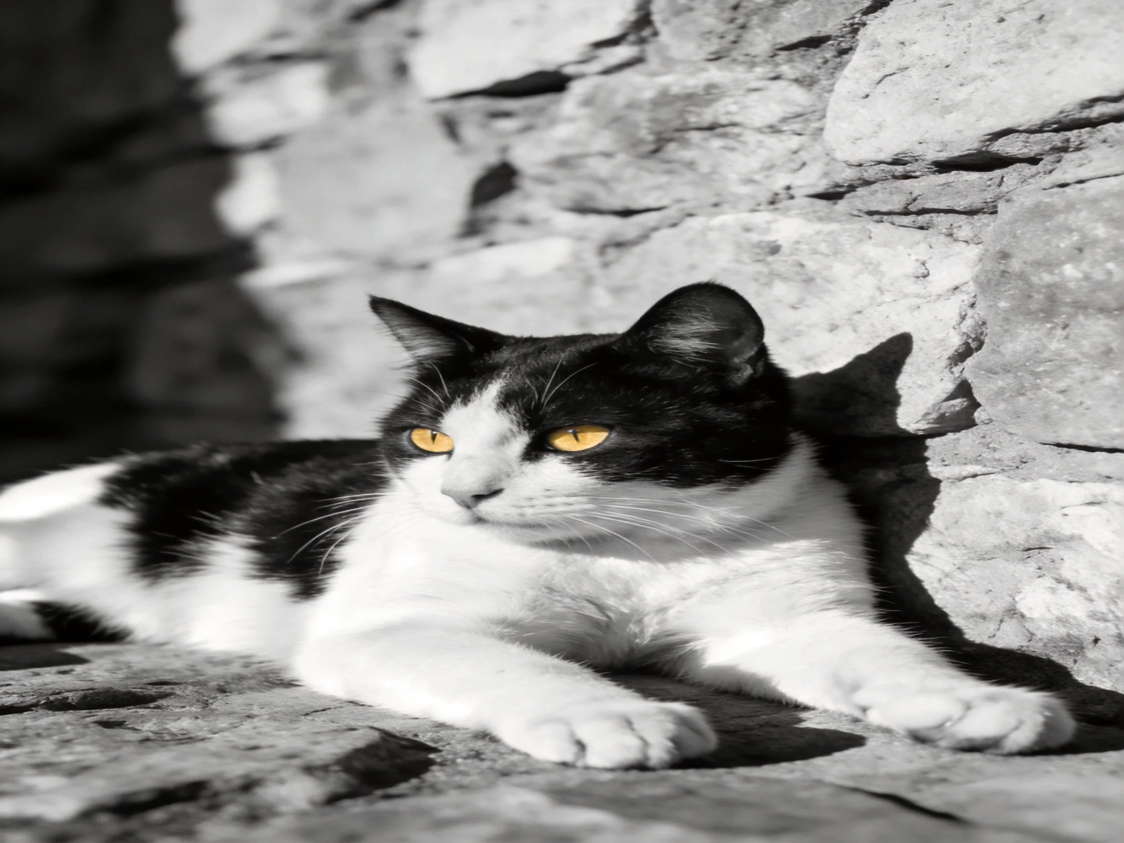 A black-and-white cat with yellow eyes relaxes near a stone wall