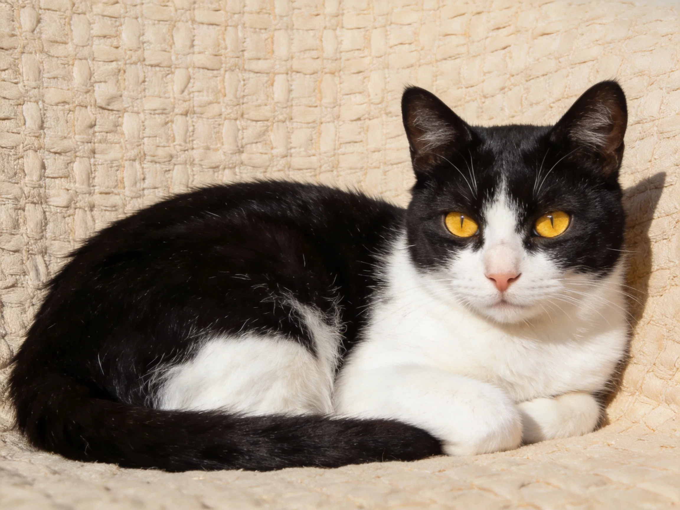 A black and white cat with yellow eyes relaxes on a textured fabric surface.