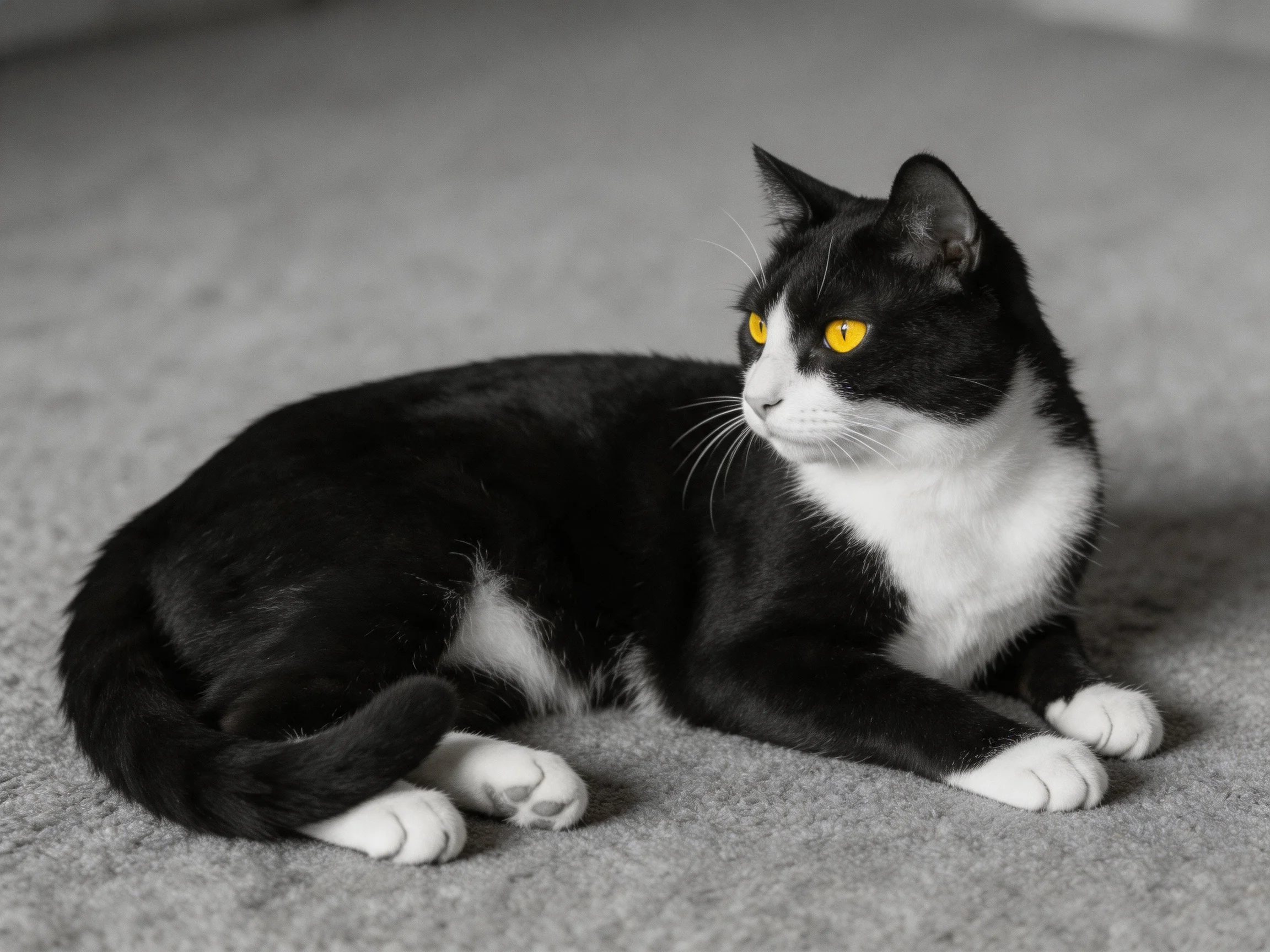 A black and white cat with yellow eyes rests on a carpet.