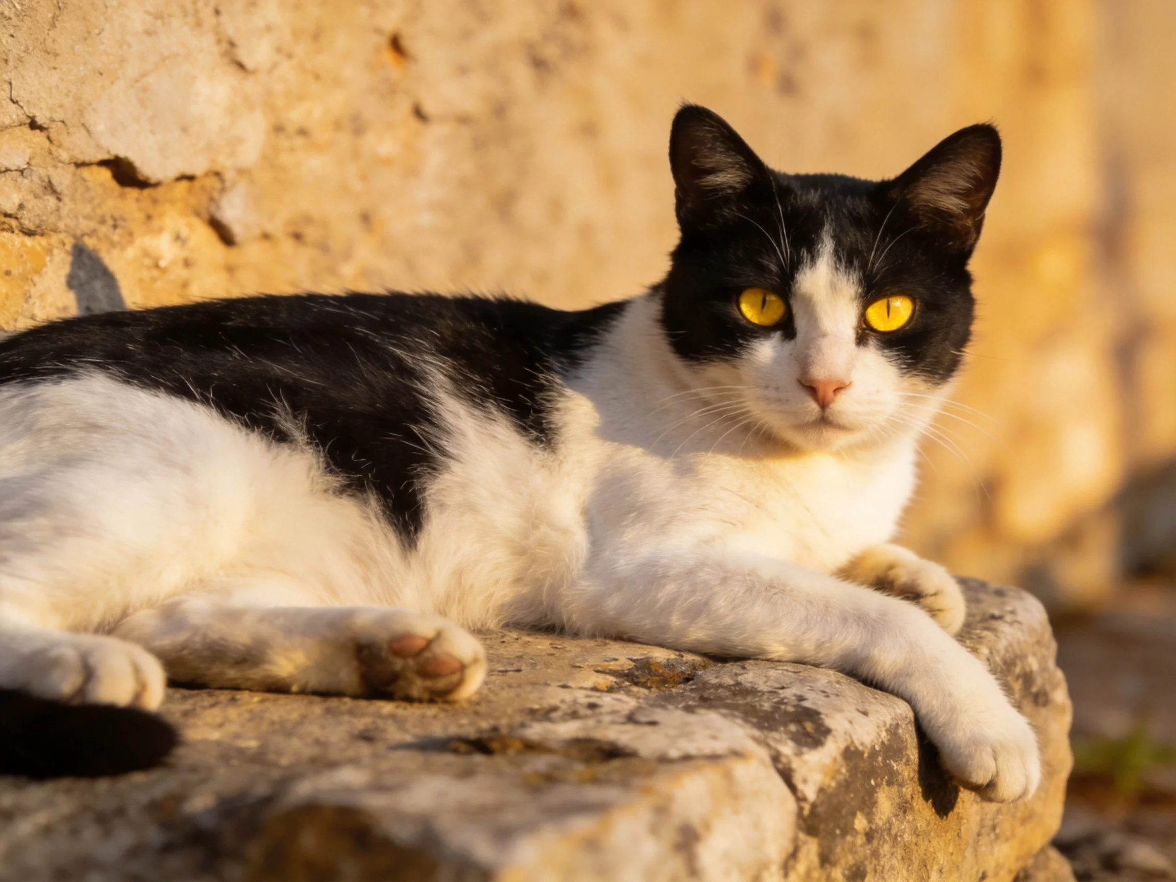 A black-and-white cat with yellow eyes relaxes on a stone ledge near an old wall