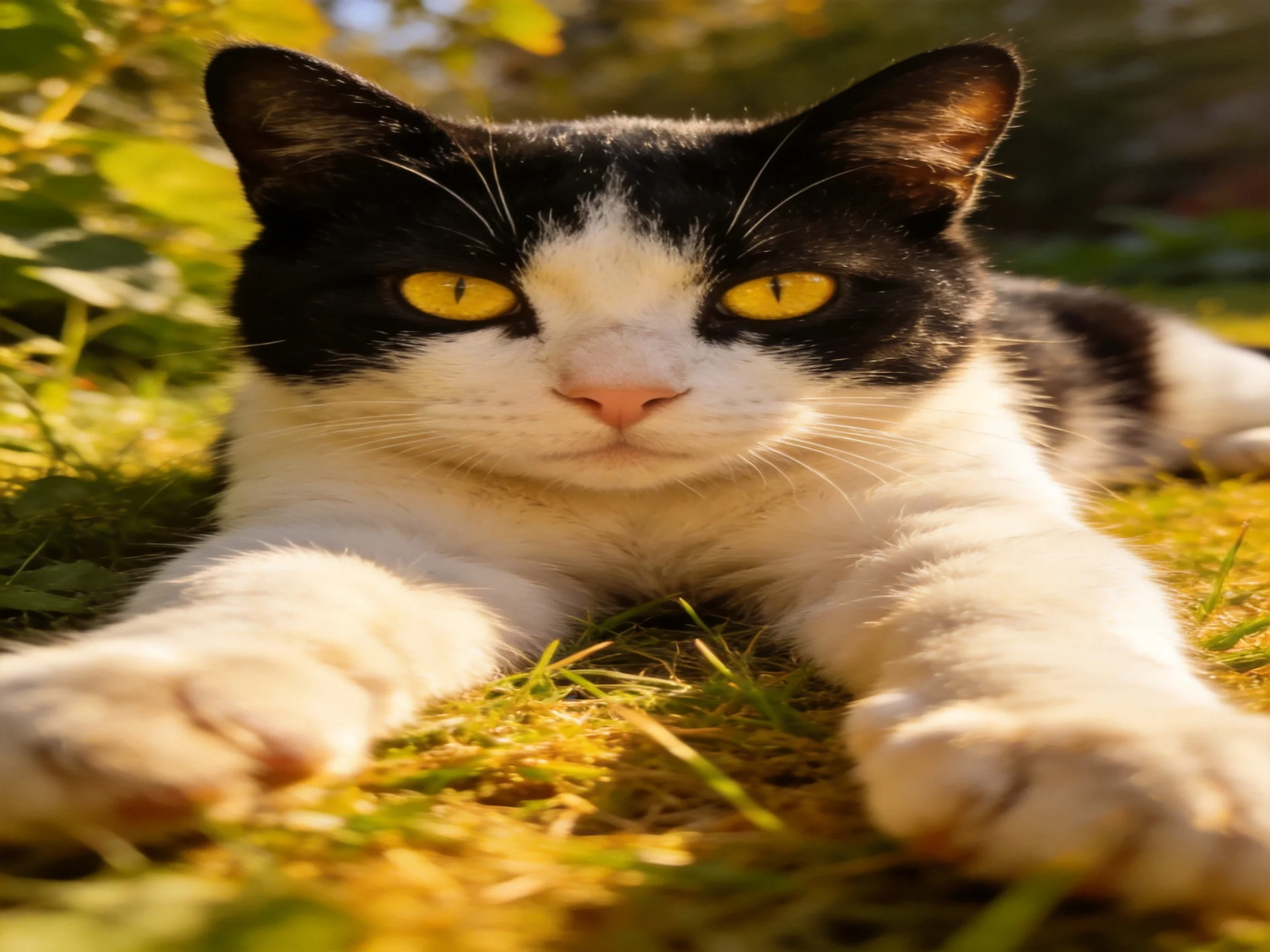 A black-and-white cat with yellow eyes relaxes on grass in sunlight.