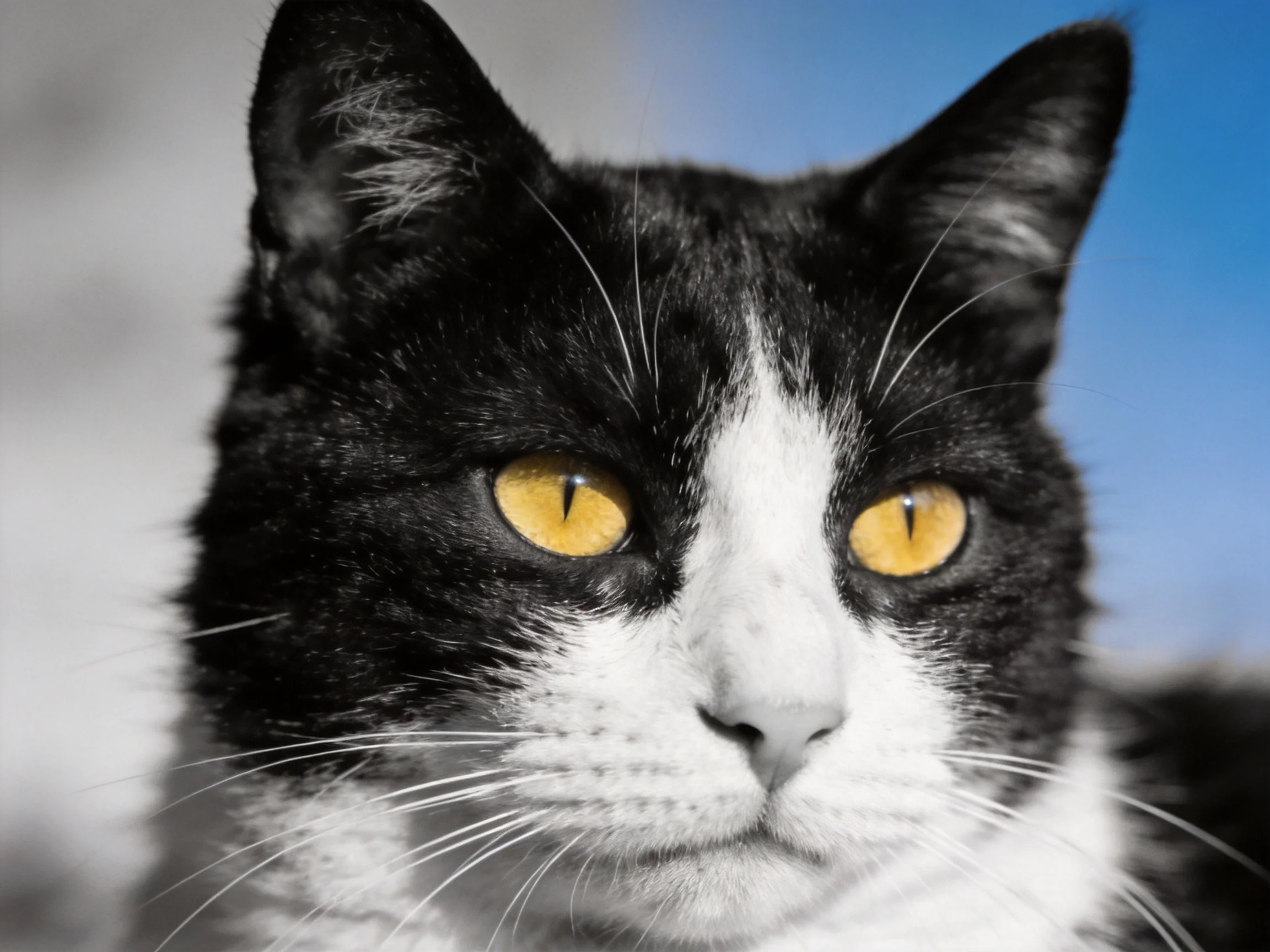 A close - up of a black and white cat with vivid yellow eyes.