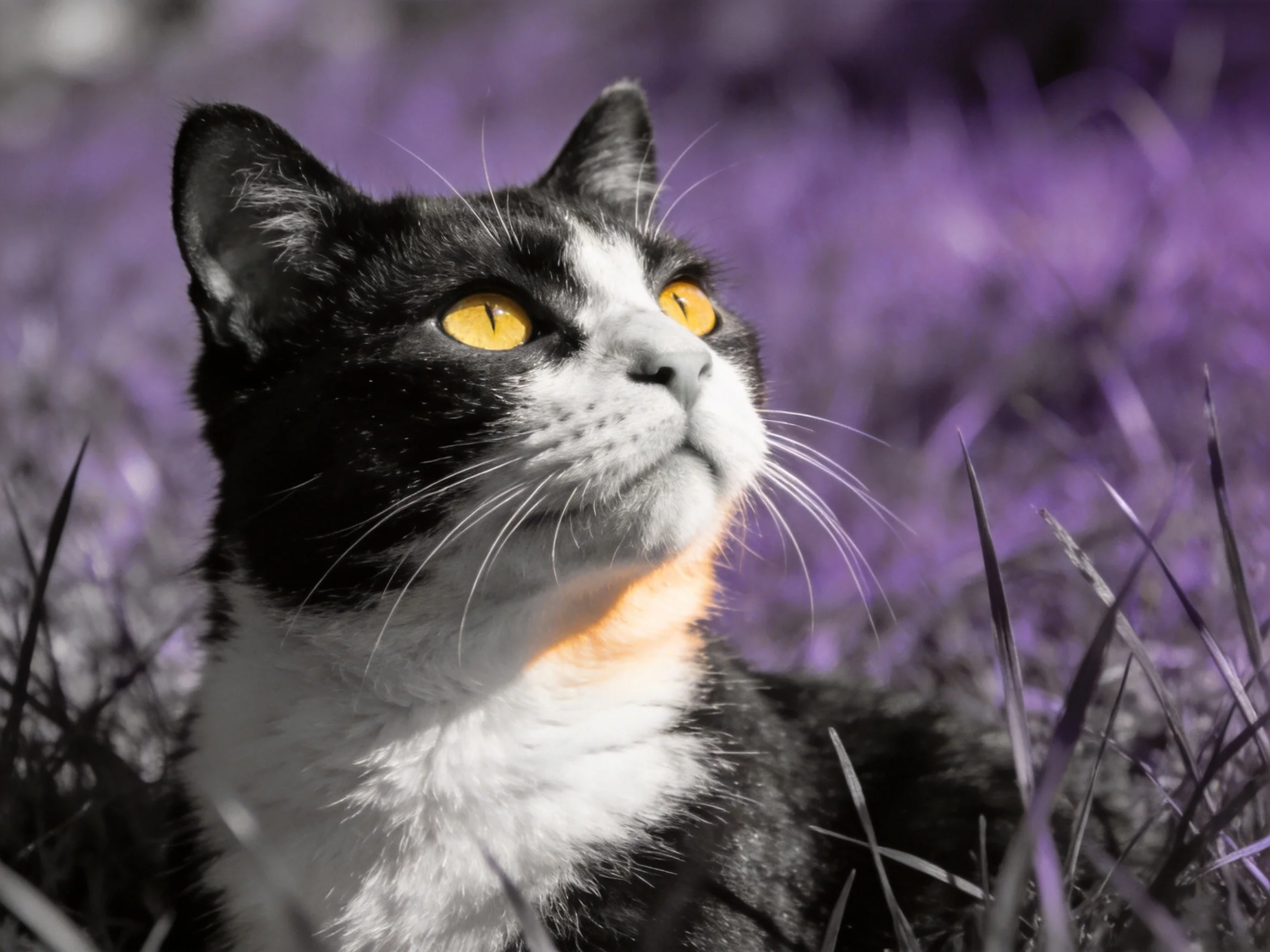 A black-and-white cat with yellow eyes rests amid purple vegetation.