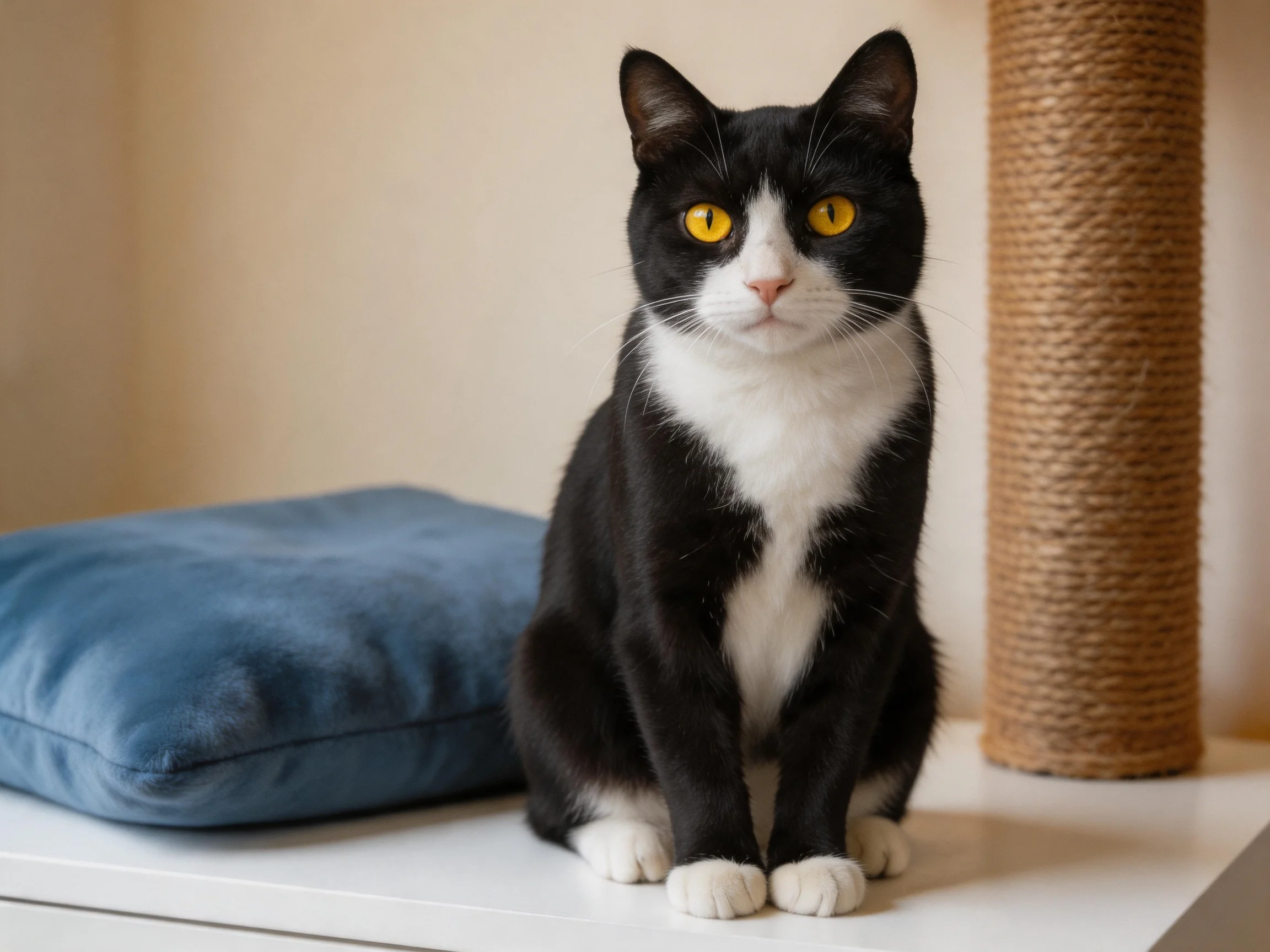 A black and white cat sits calmly next to a blue cushion and scratching post.