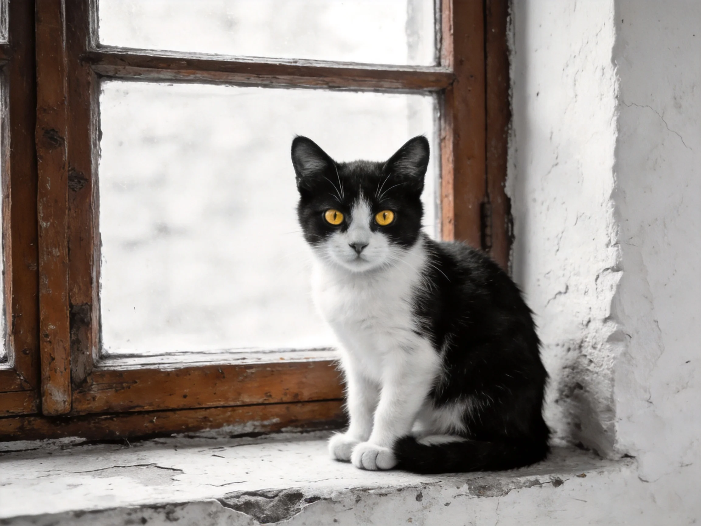A black-and-white cat with bright yellow eyes sits byan old wooden window