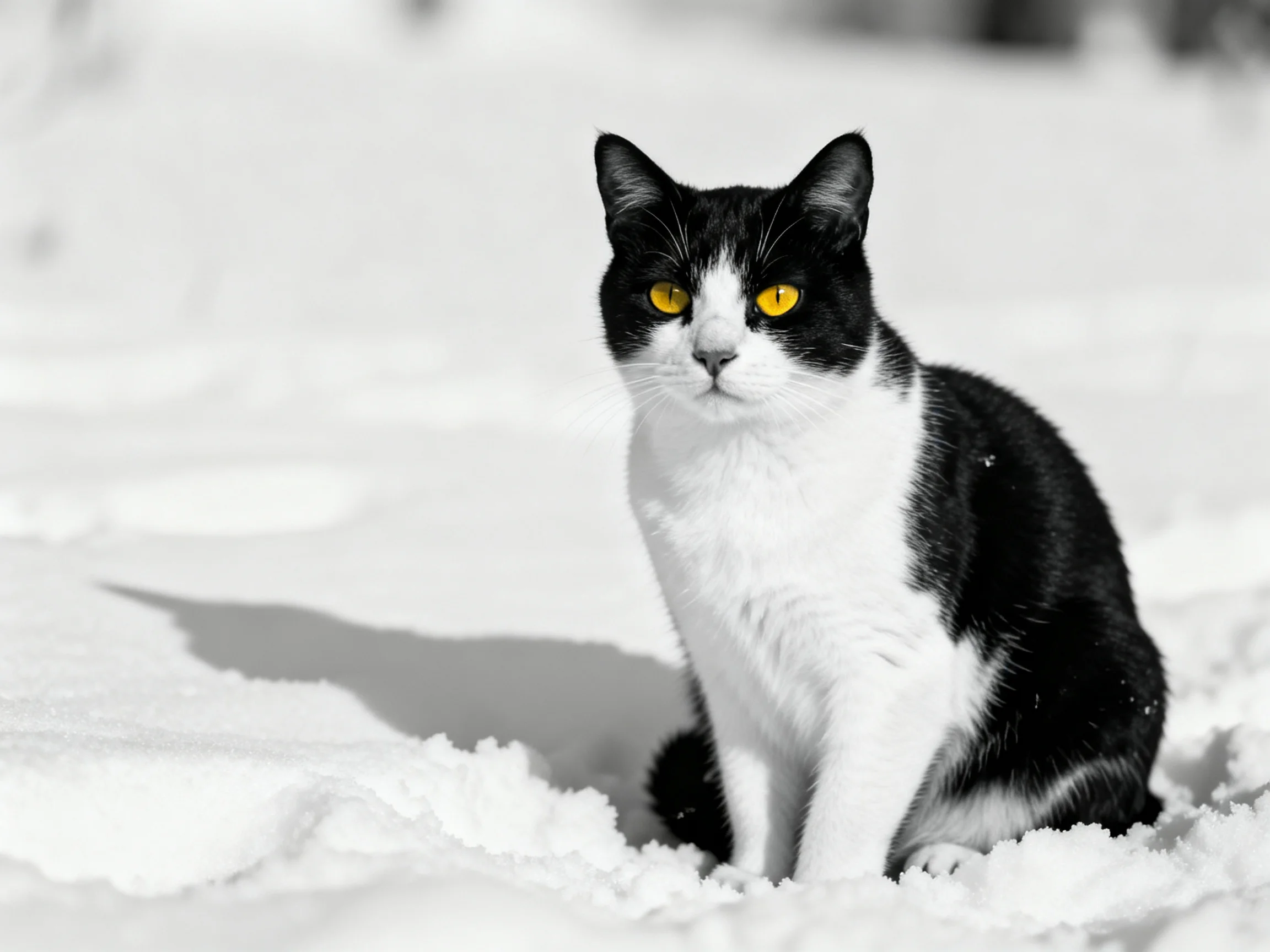 A black-and-white cat with yellow eyes sits in snow