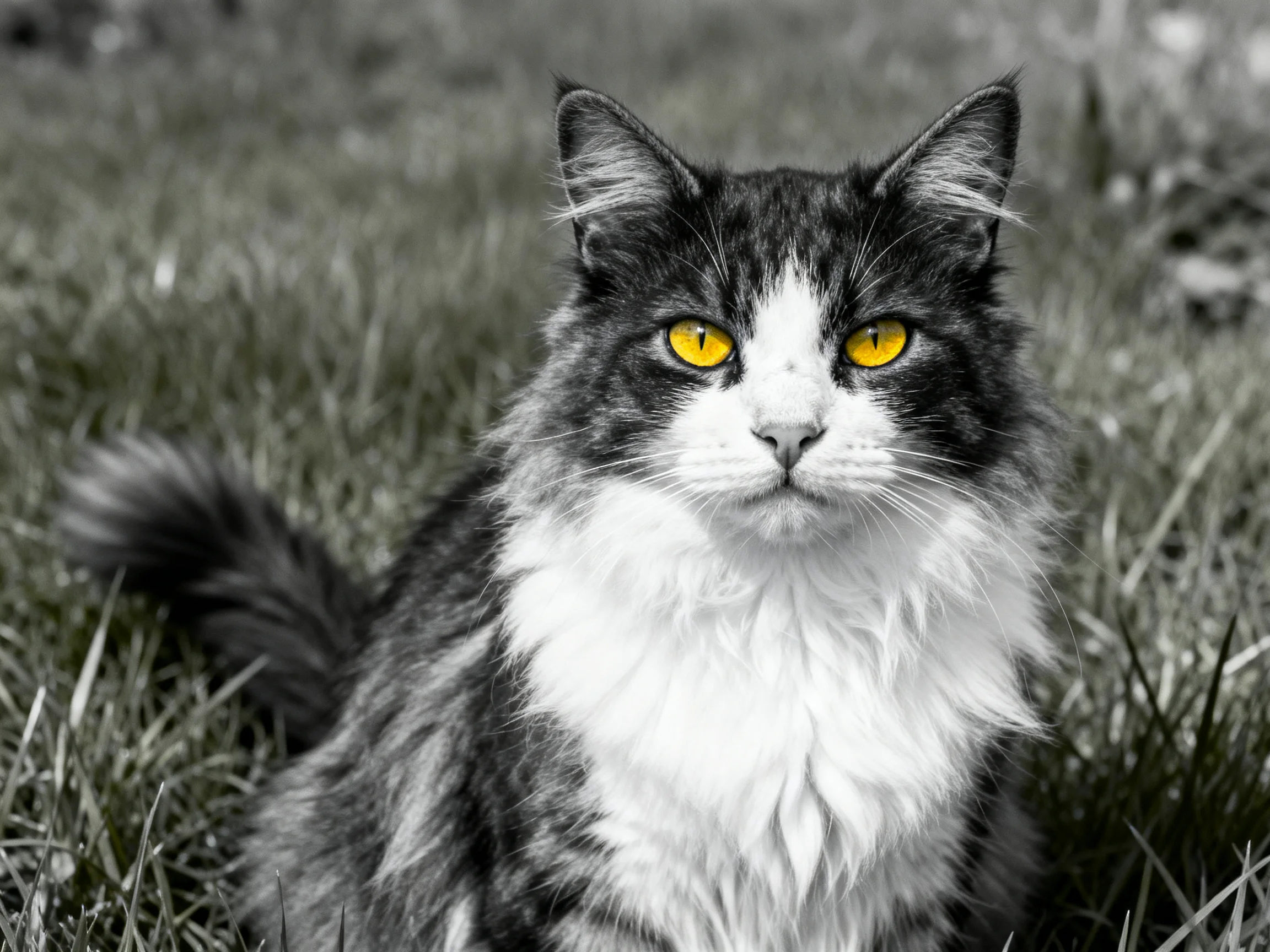 A black-and-white cat with bright yellow eyes rests in a grassy area.