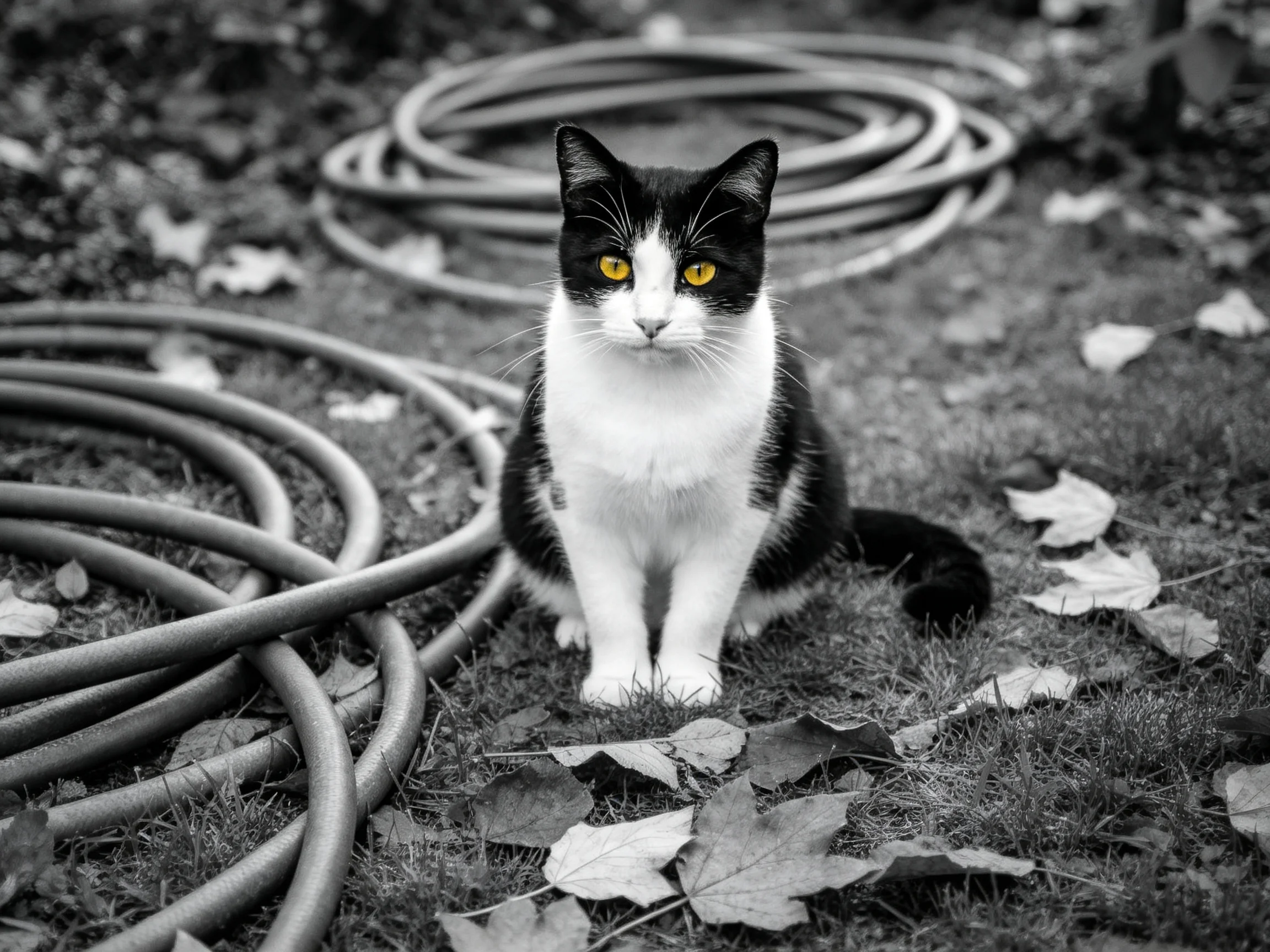A black-and-white cat with vivid yellow eyes sits near coiled hoses on a leaf-strewn ground.
