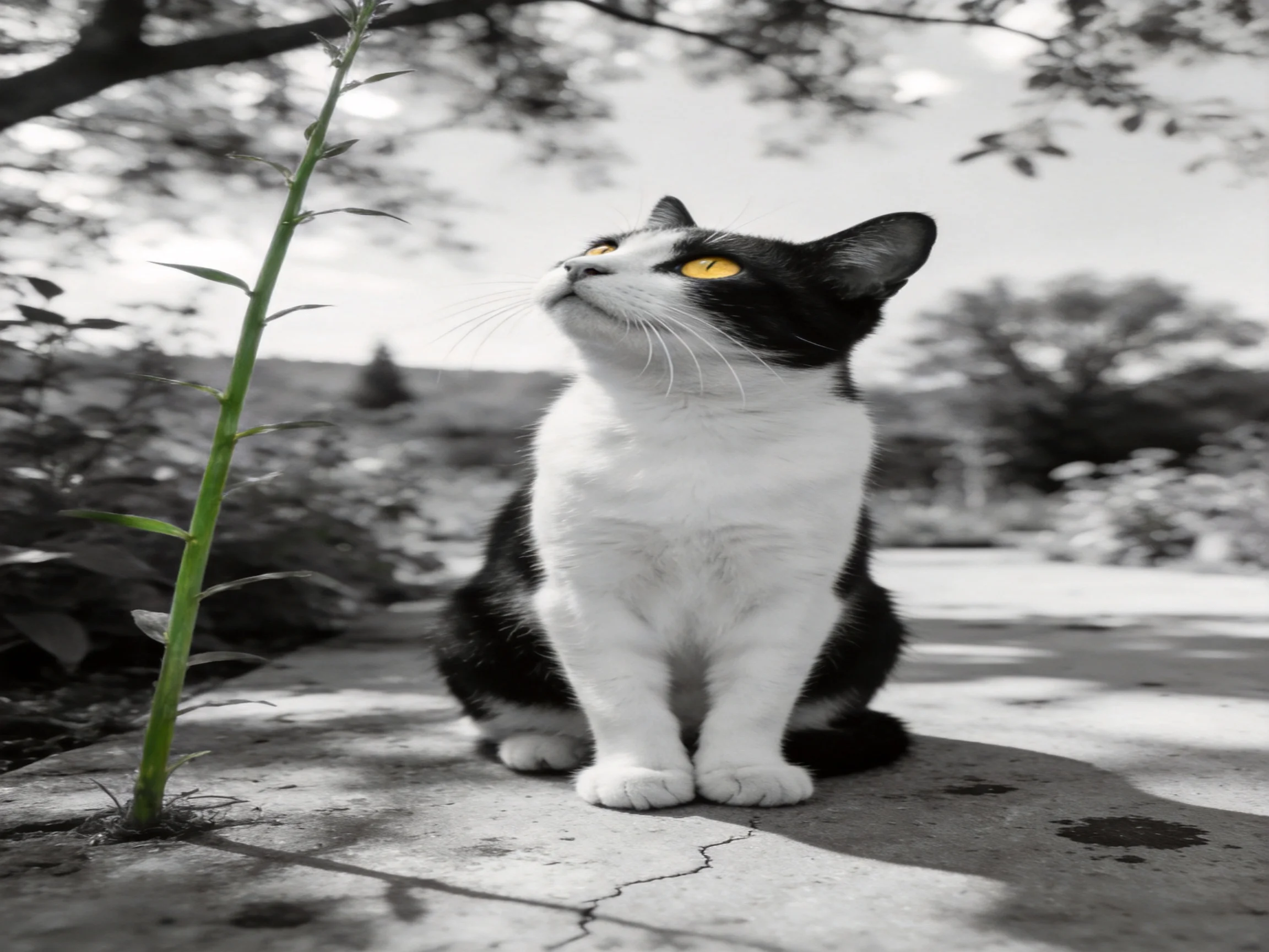A black-and-white cat with bright yellow eyes sits outside near plants.