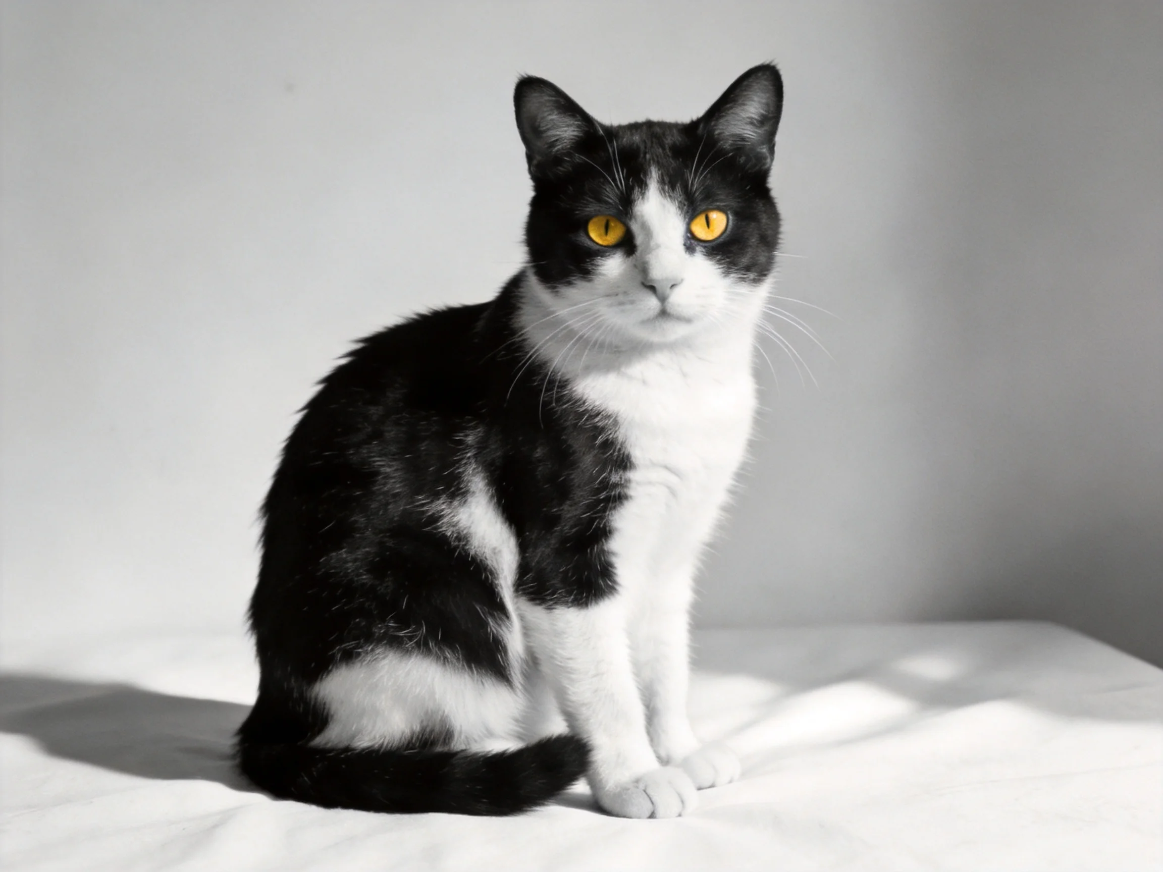 A black and white cat with vivid yellow eyes sits quietly on a plain surface.