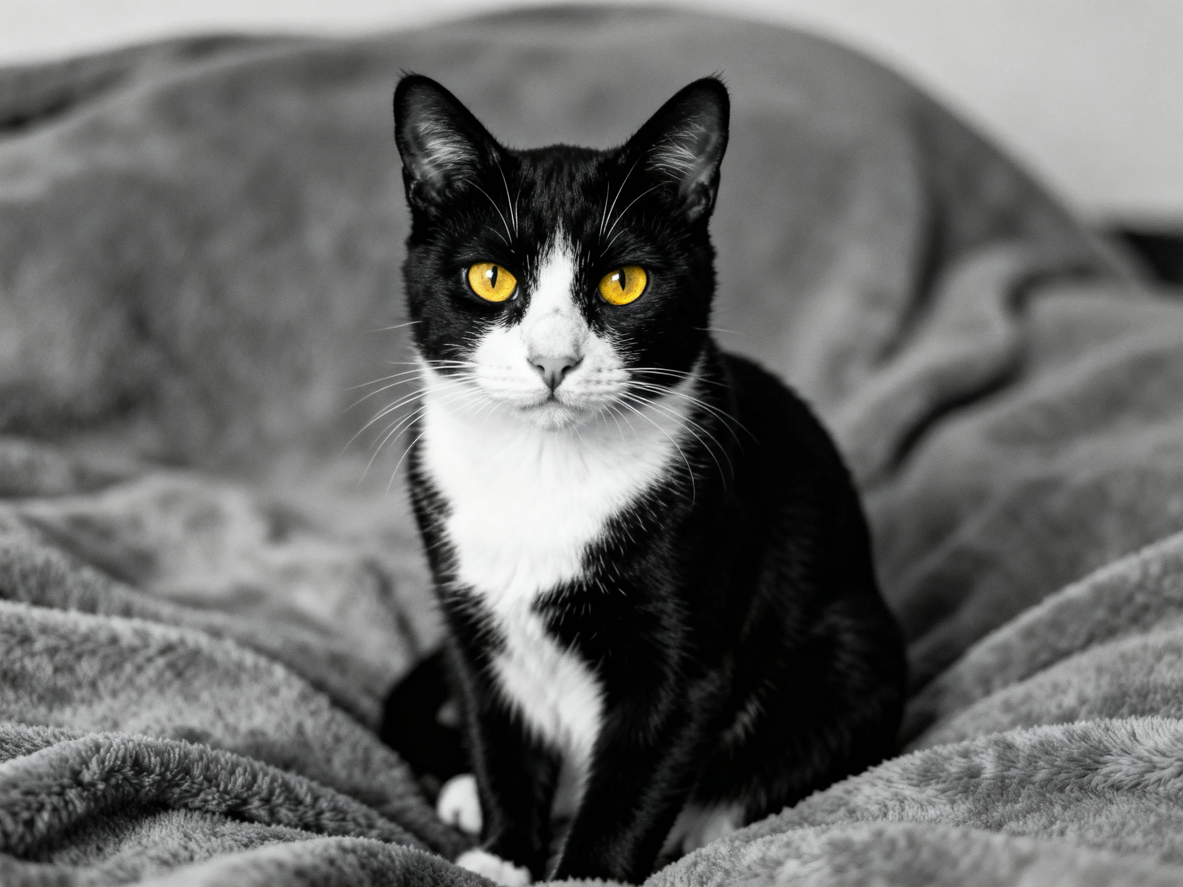 A black and white cat with vivid yellow eyes rests on a soft gray blanket.