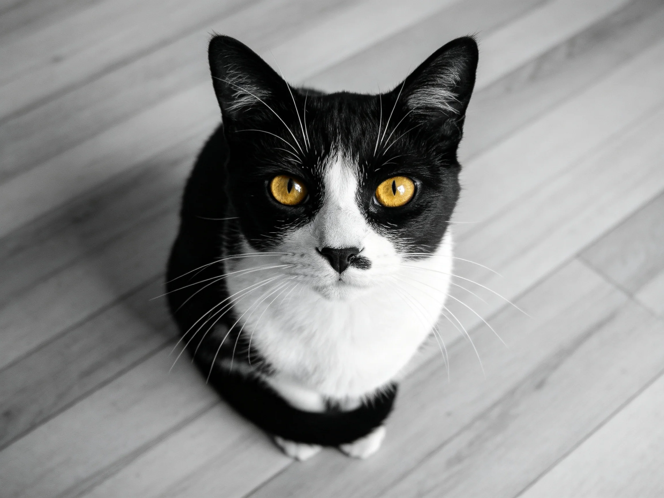 A black-and-white cat with bright yellow eyes sits on wooden flooring.