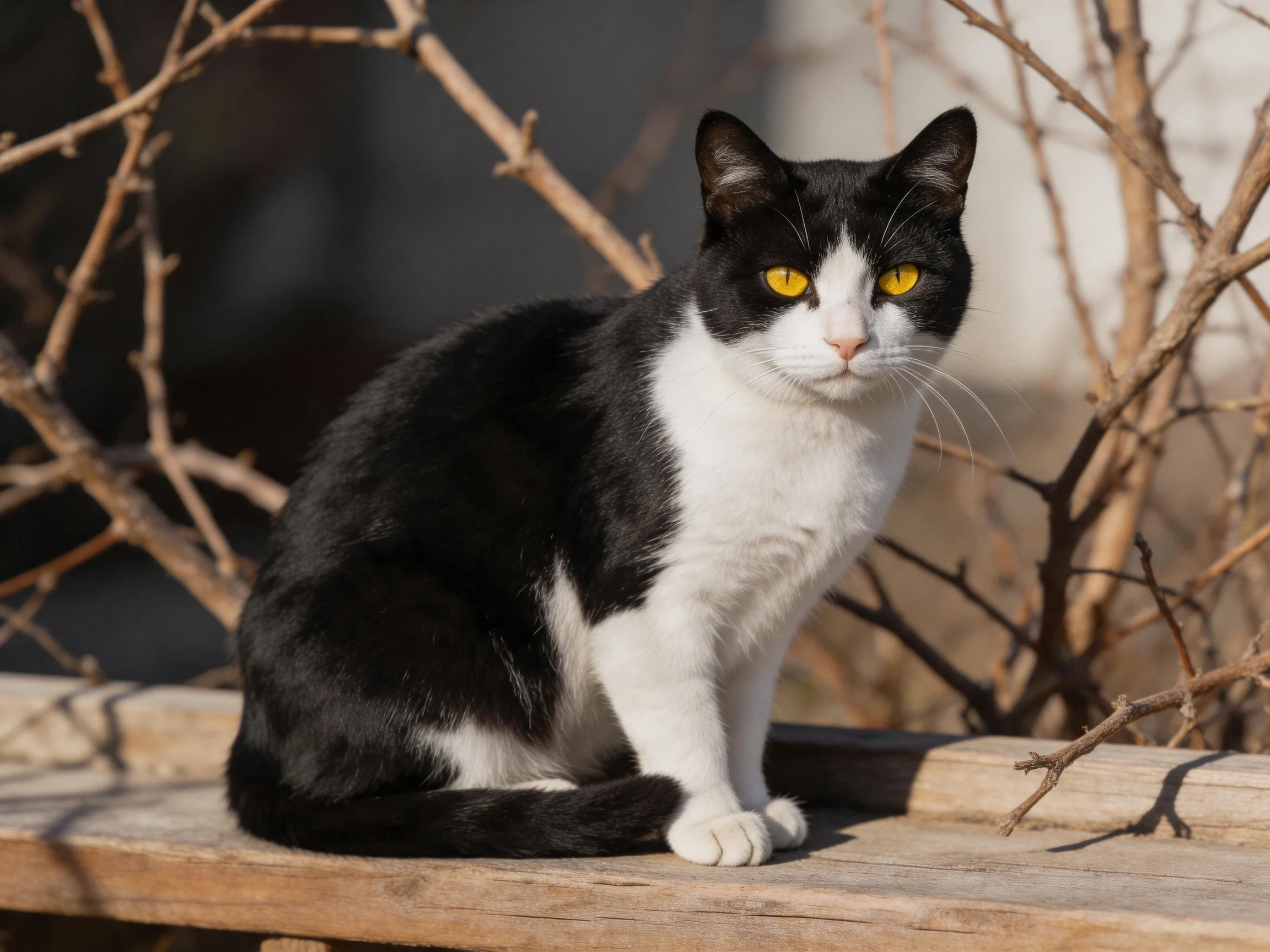 A black and white cat with yellow eyes rests on wood amid dry branches.
