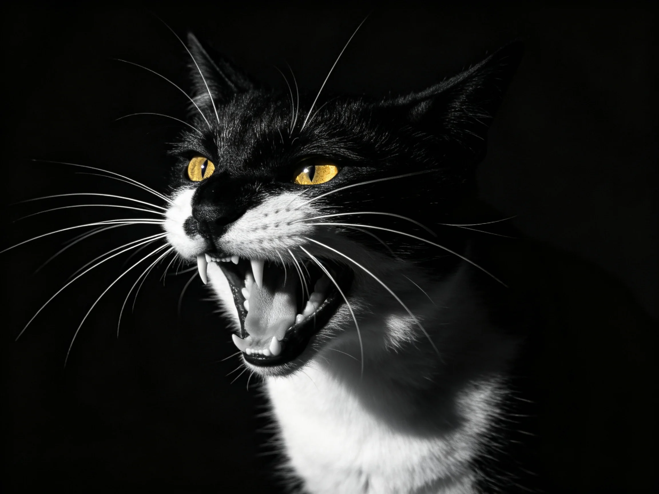 A black-and-white cat with yellow eyes shows aggression in a dark setting