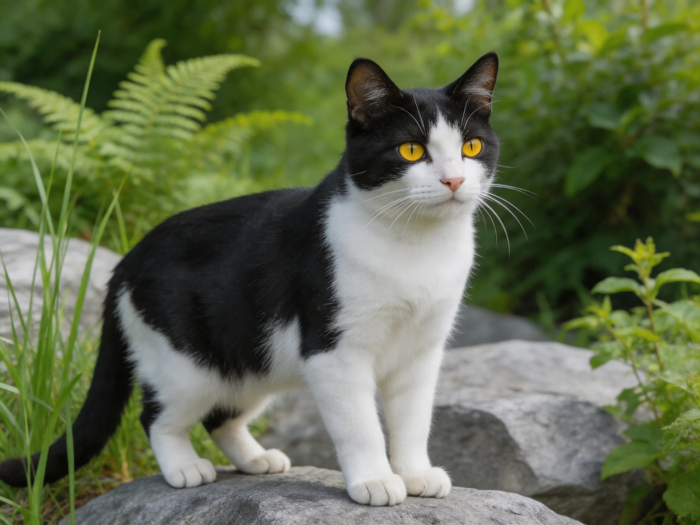 A black-and-white cat with yellow eyes stands on rocks in a lush garden setting.