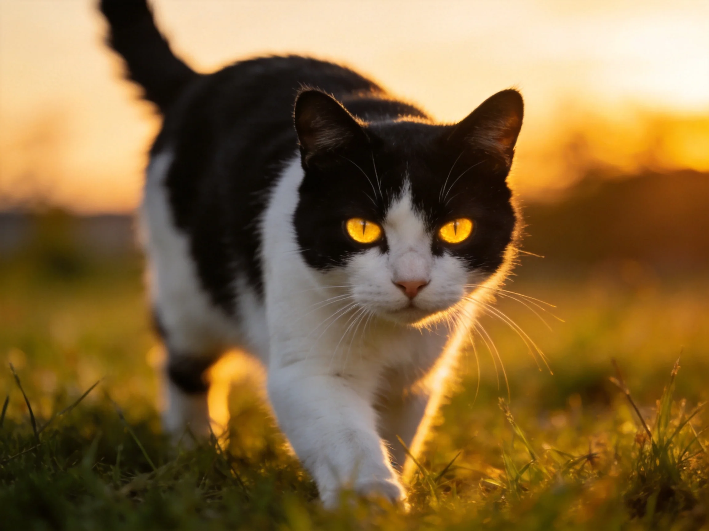 A black-and-white cat with glowing yellow eyes moves through sunlit grass at sunset.