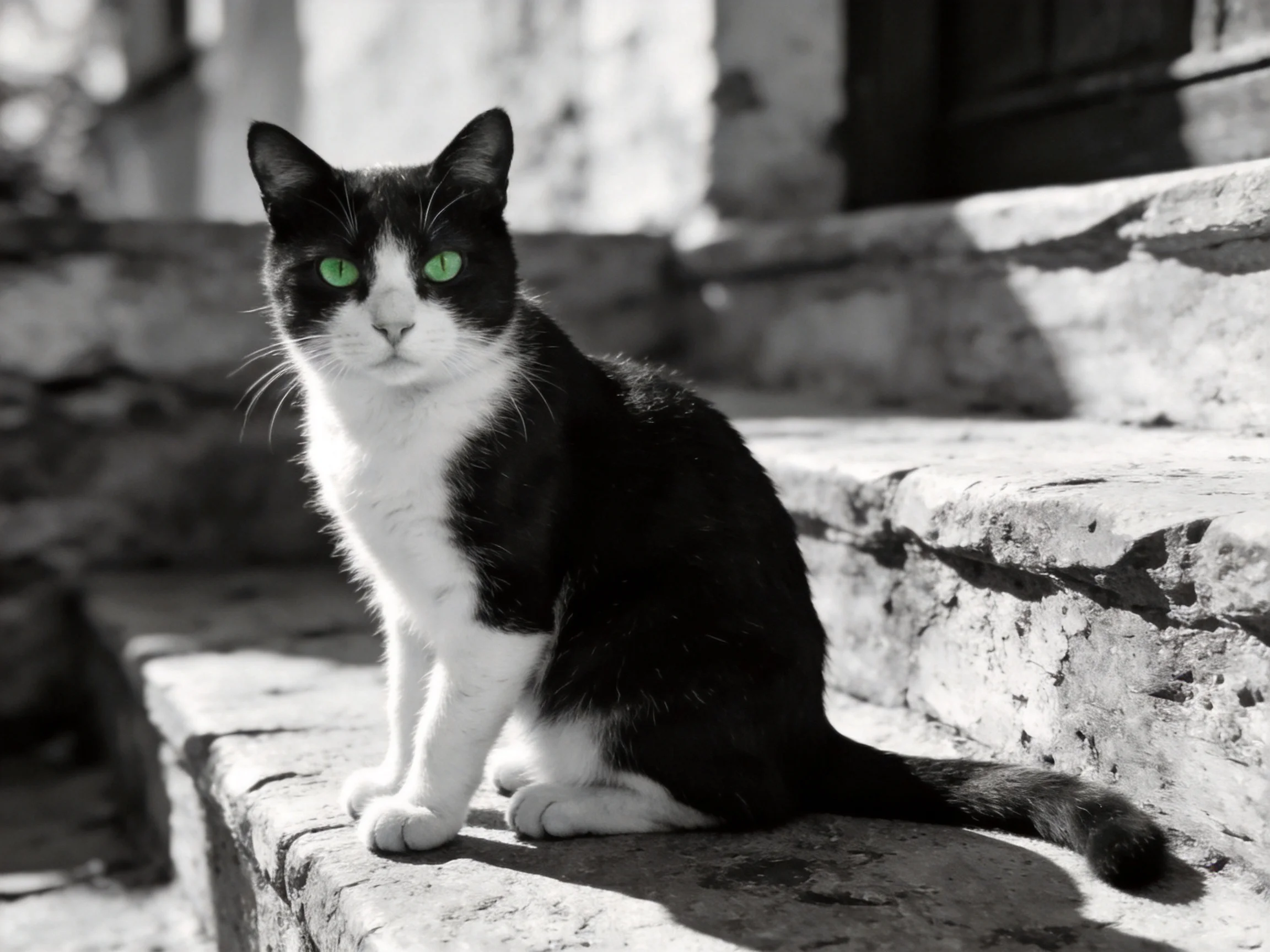 A black-and-white cat with vivid green eyes rests on aged stone steps.