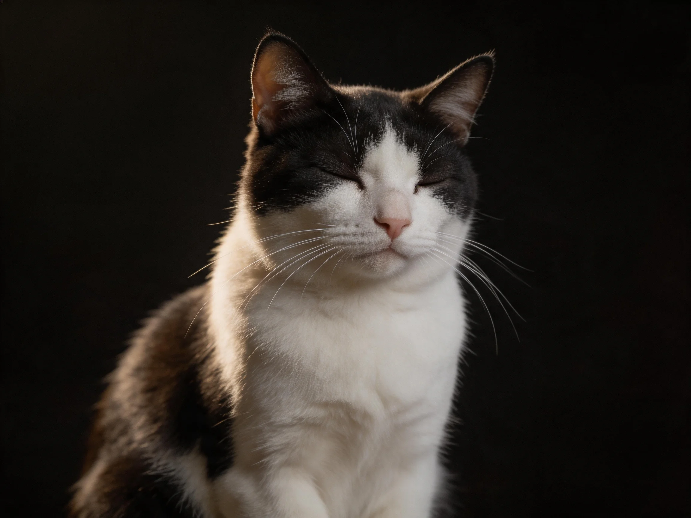 A black-and-white cat sits calmly with eyes shut in a dark space.