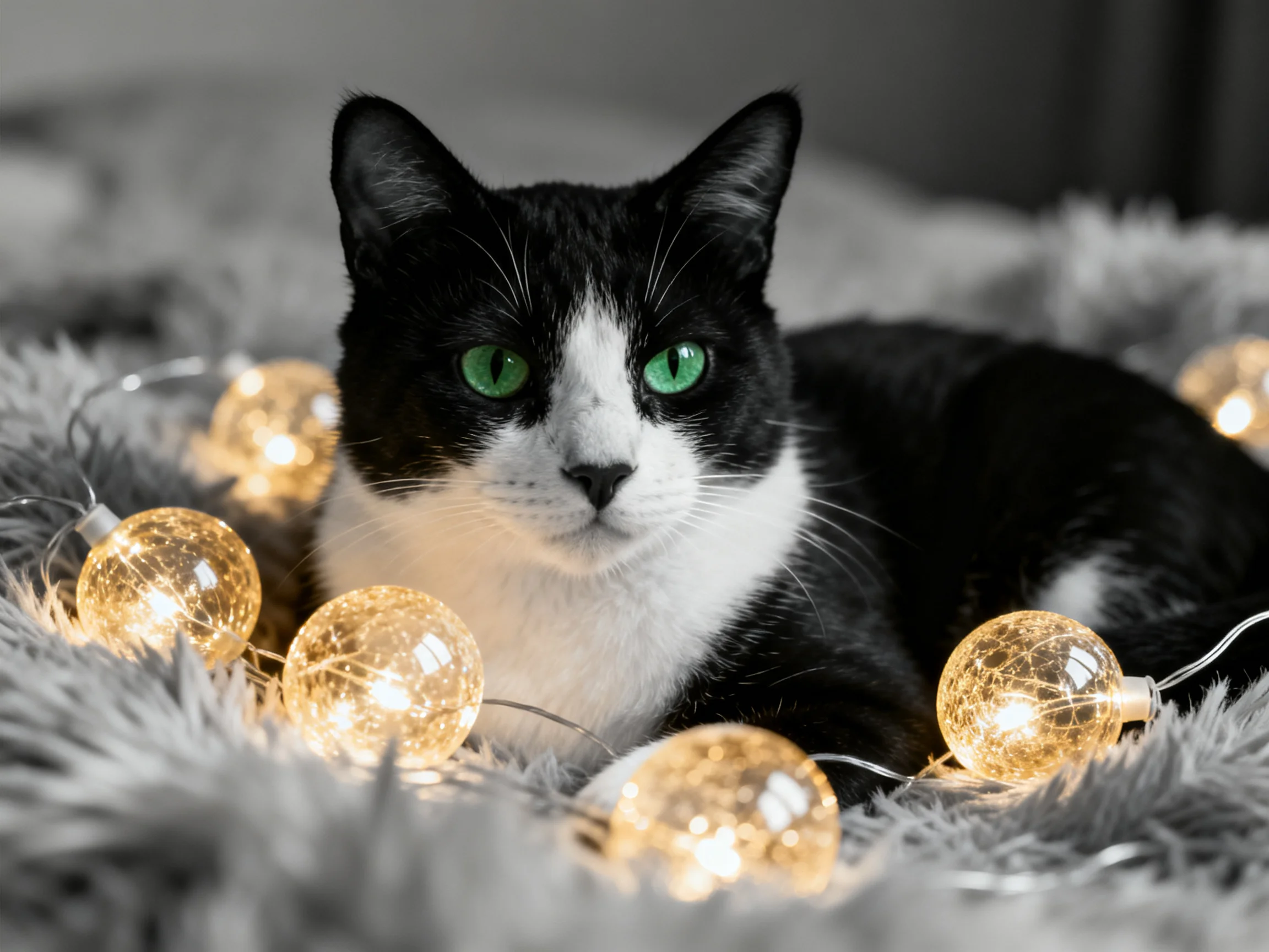 A black-and-white cat rests among glowing string lights on a plush surface.