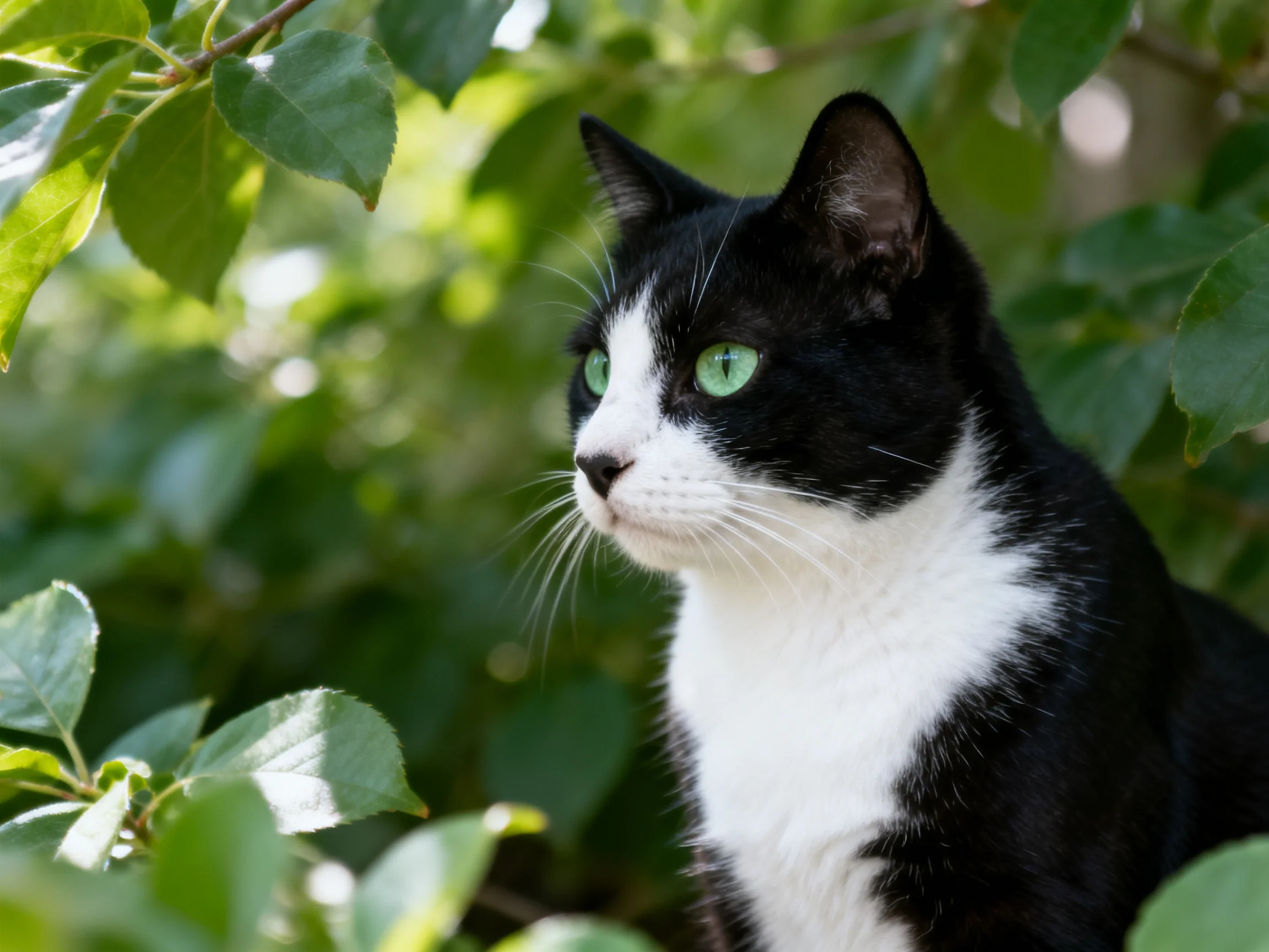 A black-and-white cat with green eyes is nestled among green leaves.