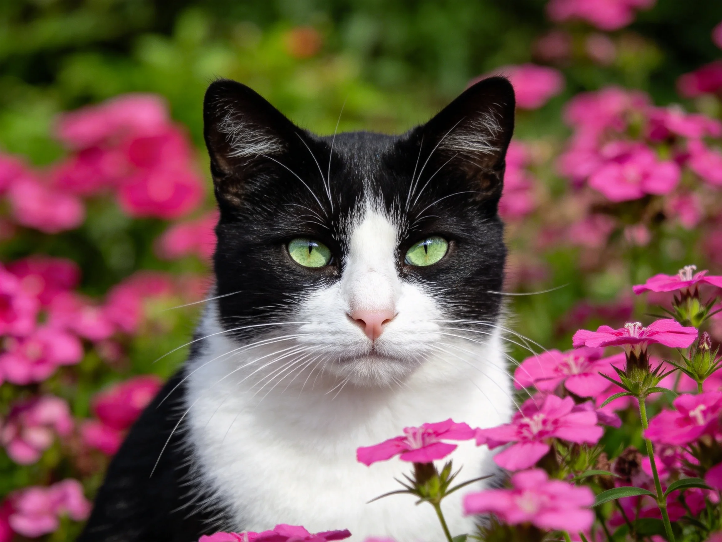 A black-and-white cat with green eyes is surrounded by pink flowers in a garden.