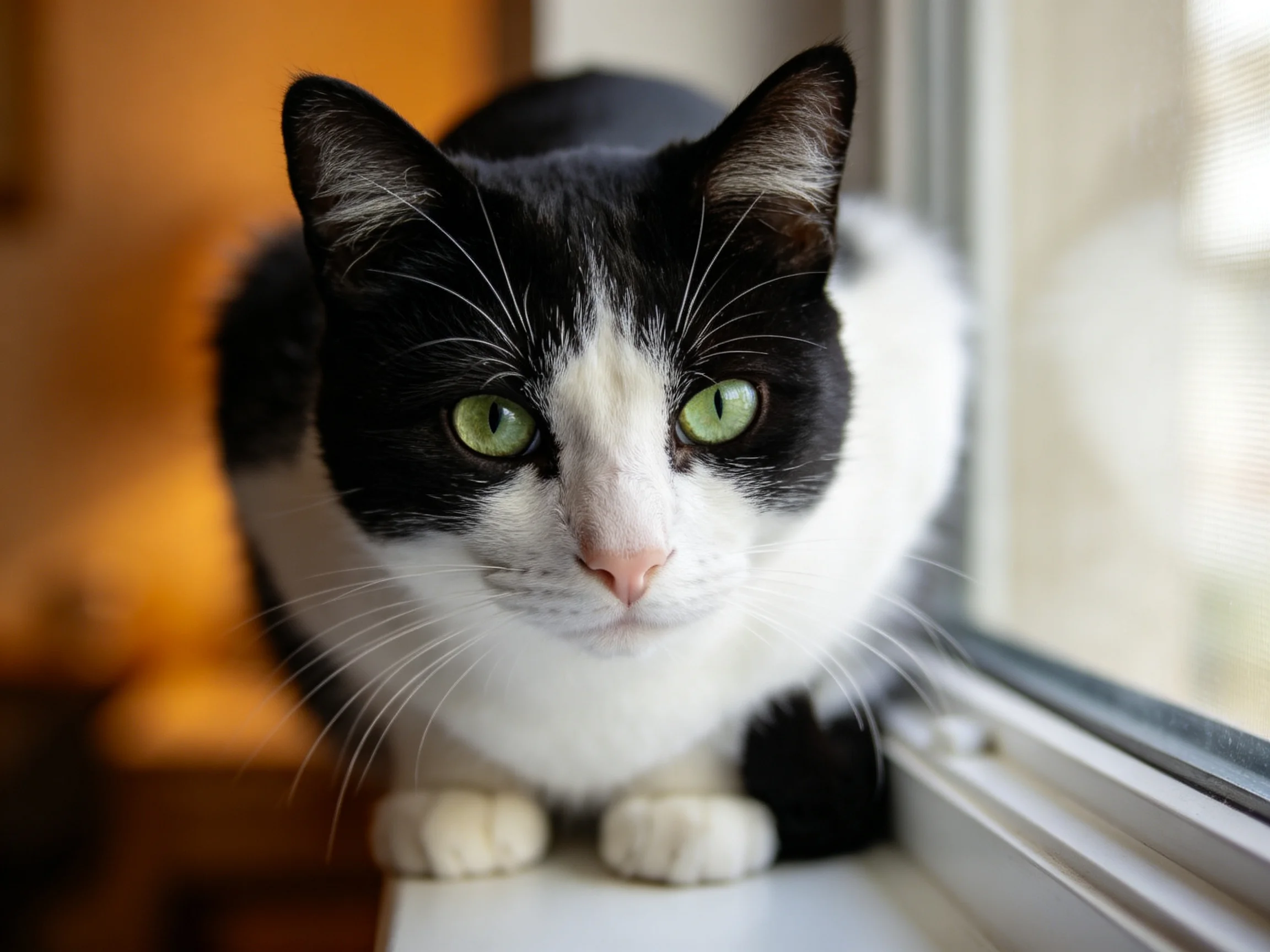 A black and white cat with green eyes rests near a sunlit window.
