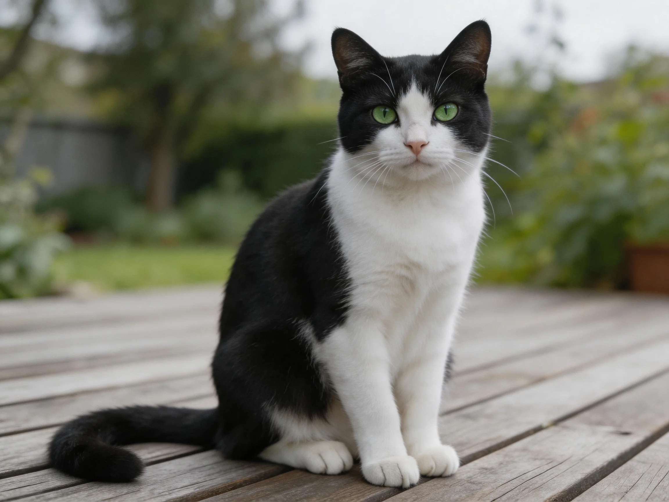 A black and white cat with green eyes sits calmly on a wooden deck.