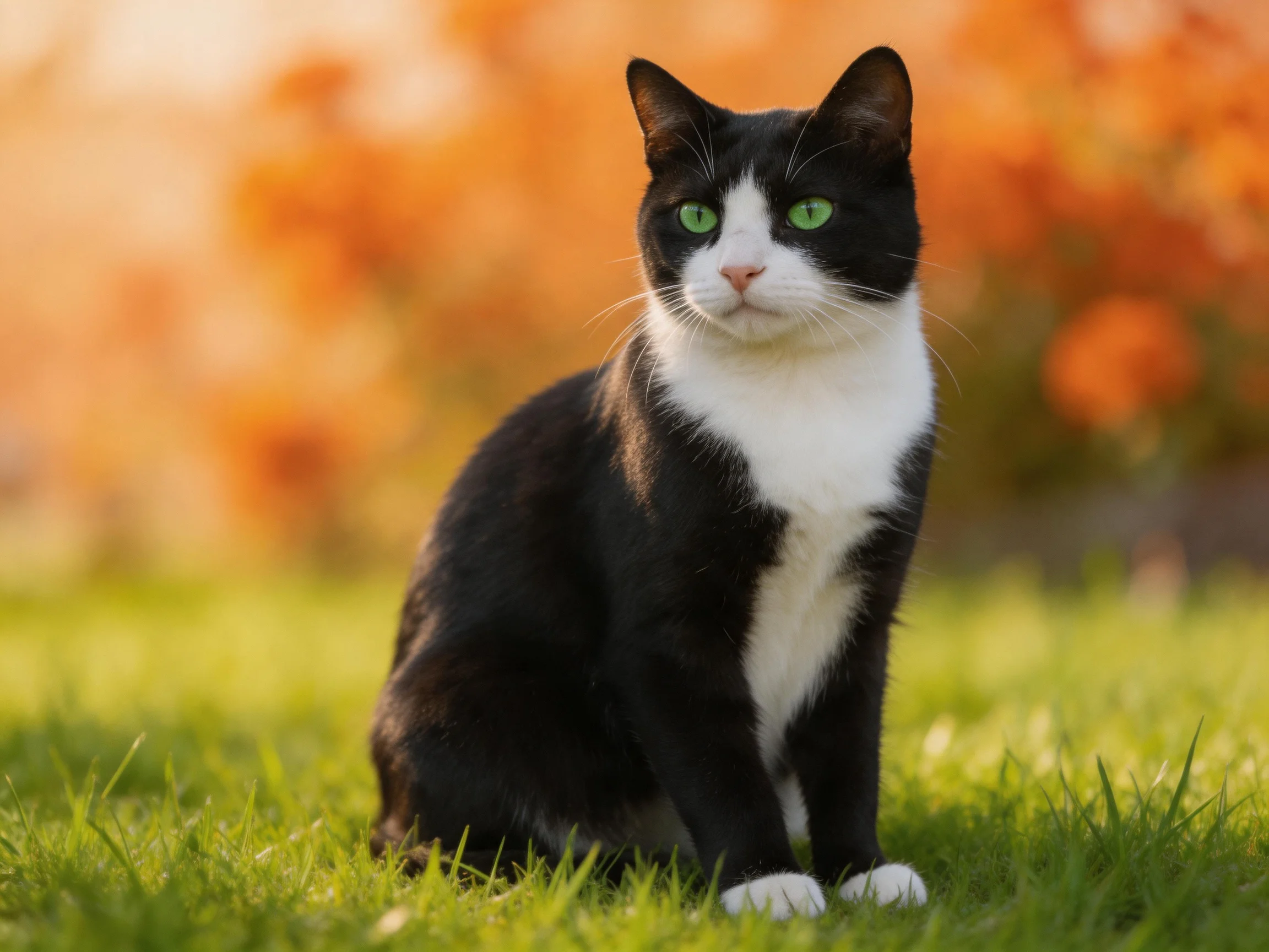 A black-and-white cat with green eyes sits on grass in an autumn landscape