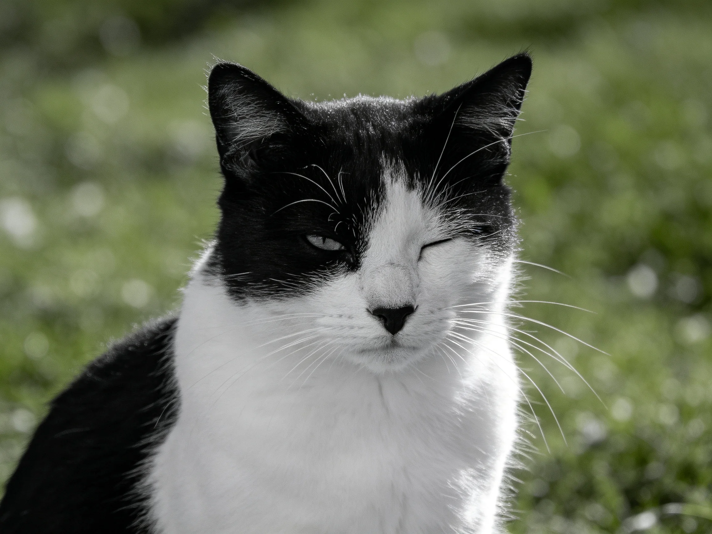 A black-and-white cat sits calmly in a grassy area with one eye half-closed