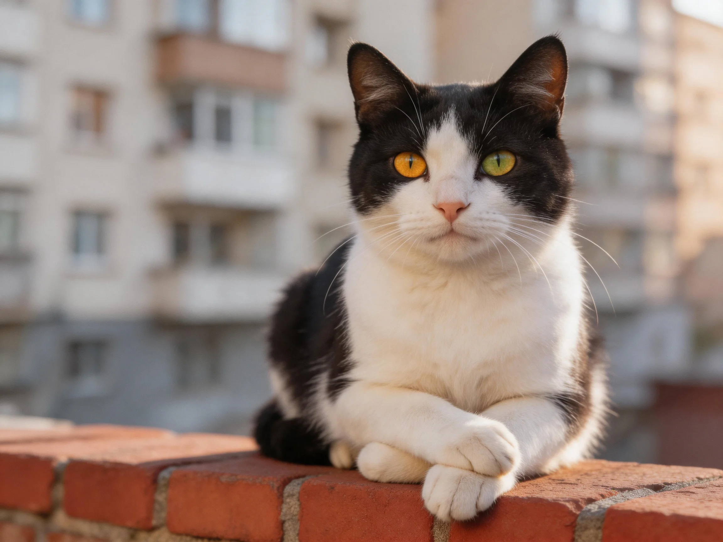 A black-and-white cat with heterochromia sits on a red brick ledge near apartment buildings