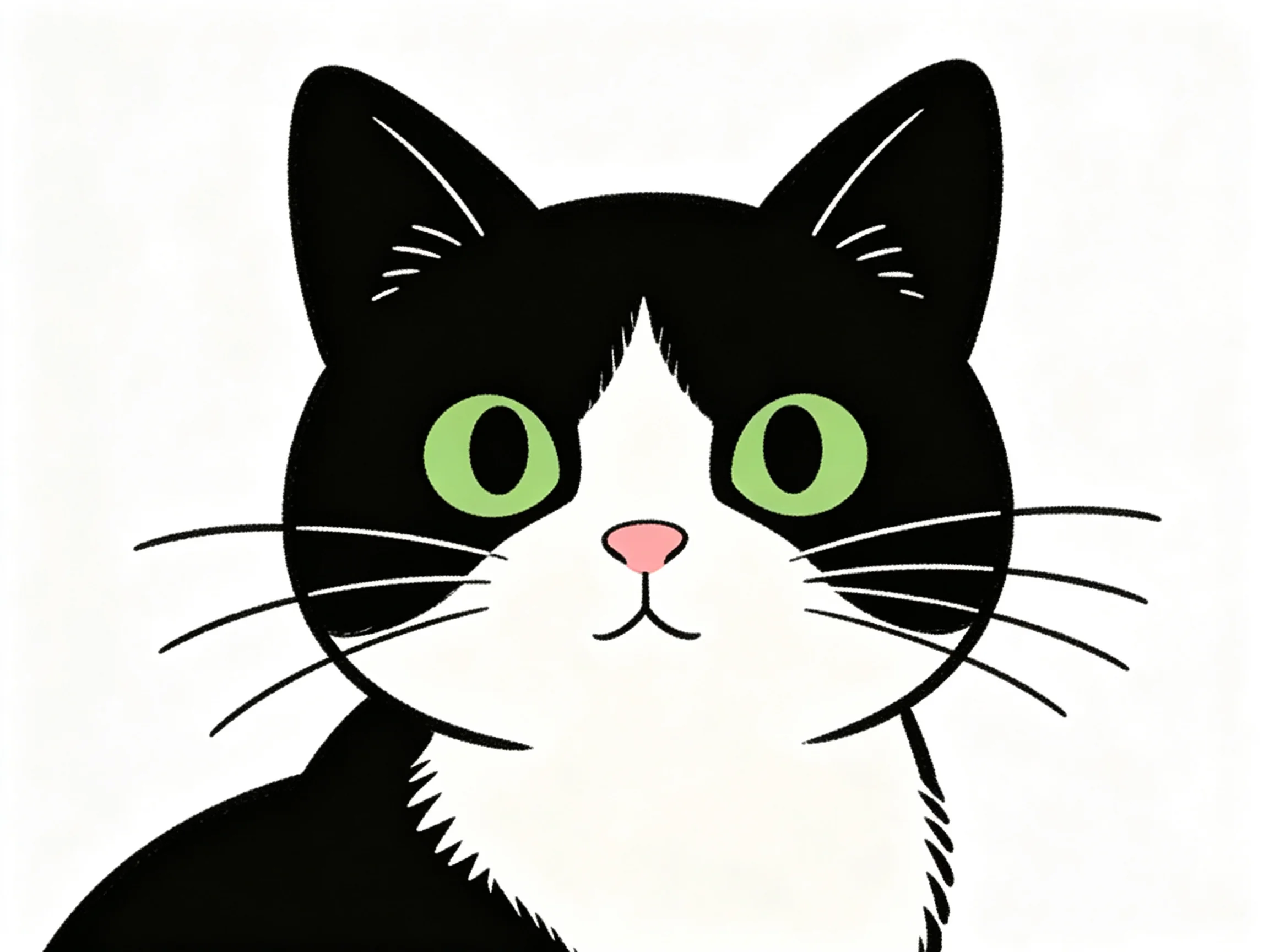 An illustrated black and white cat with prominent green eyes is shown.