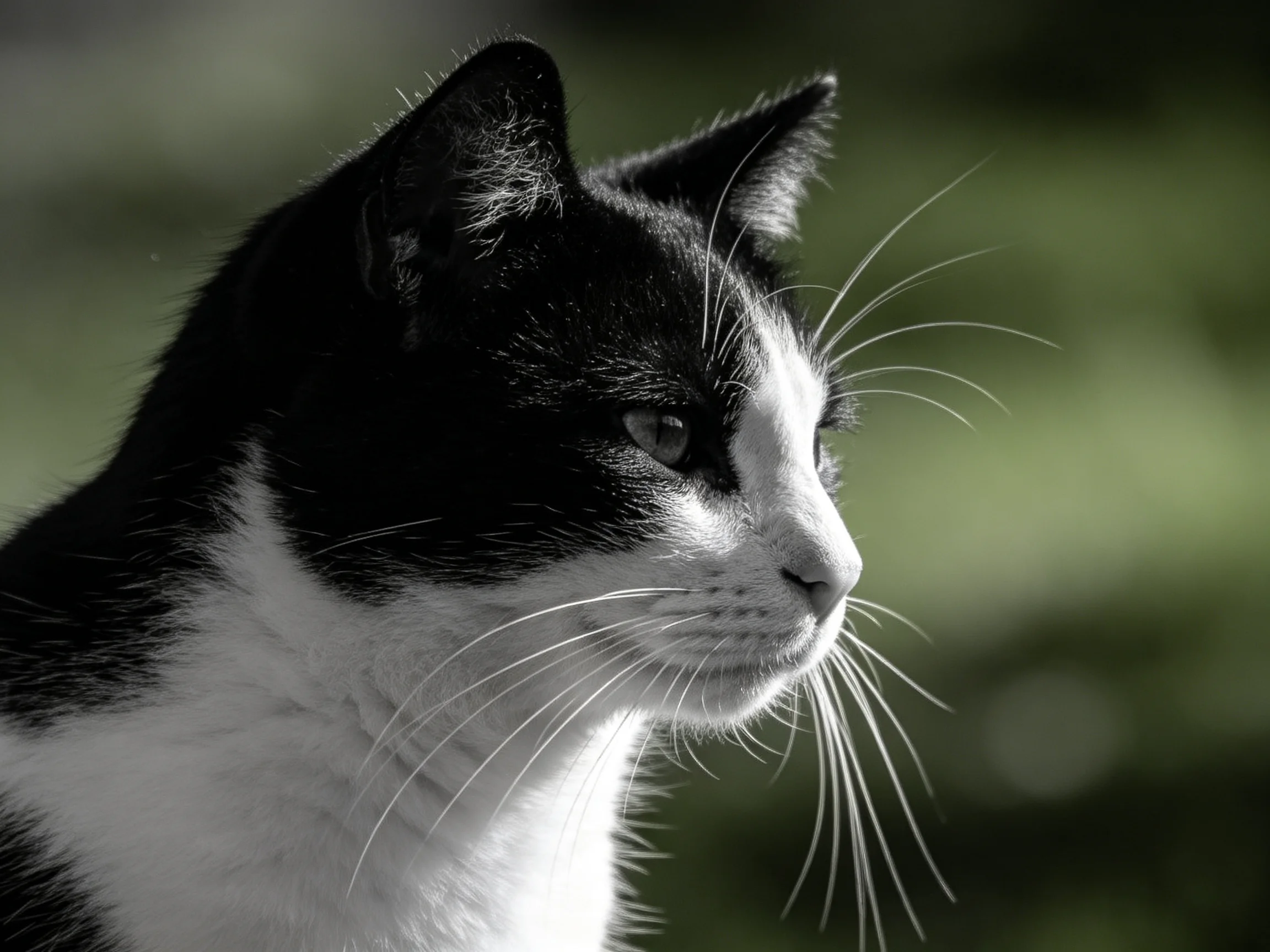 A black and white cat gazes with long whiskers in a softly focused outdoor scene.