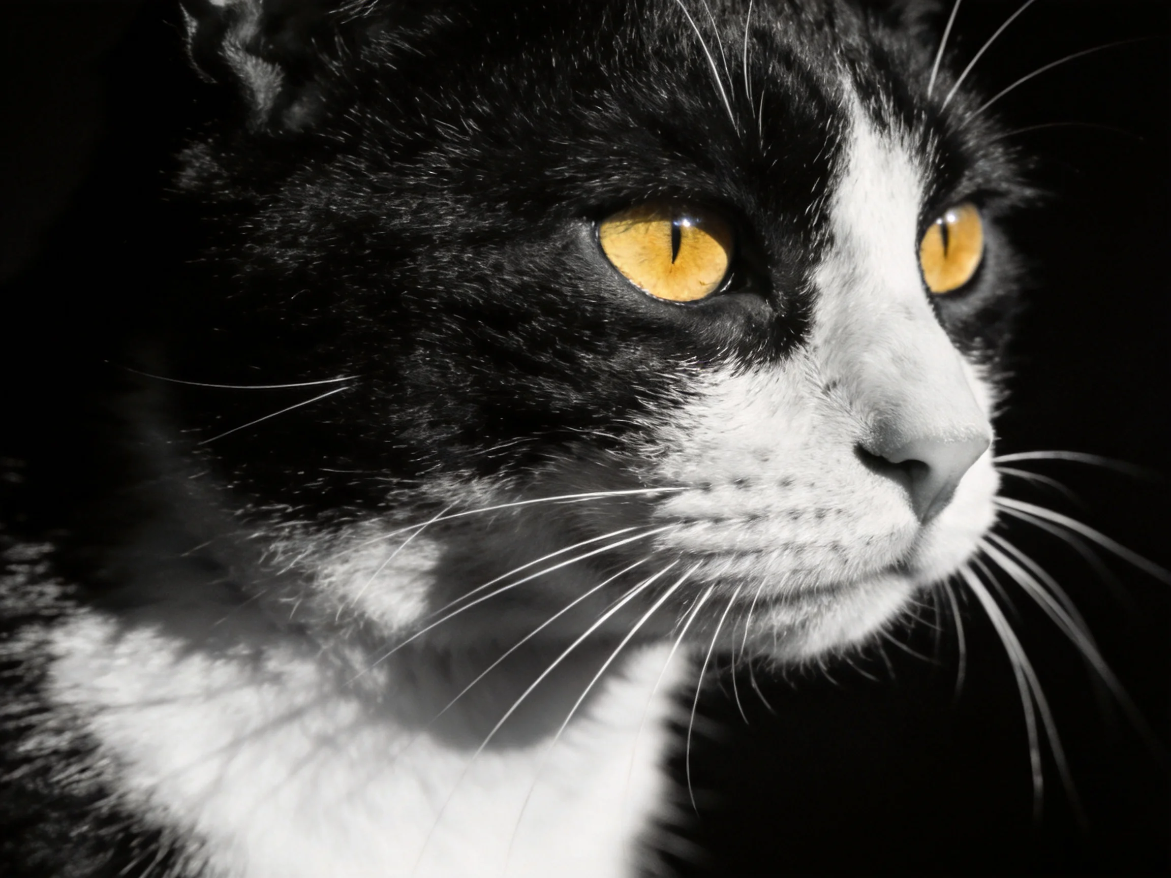 A black and white cat with striking amber eyes against a dark backdrop