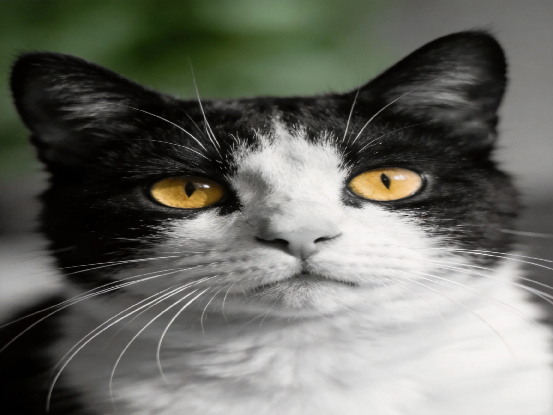 A black-and-white cat with striking amber eyes against blurred greenery