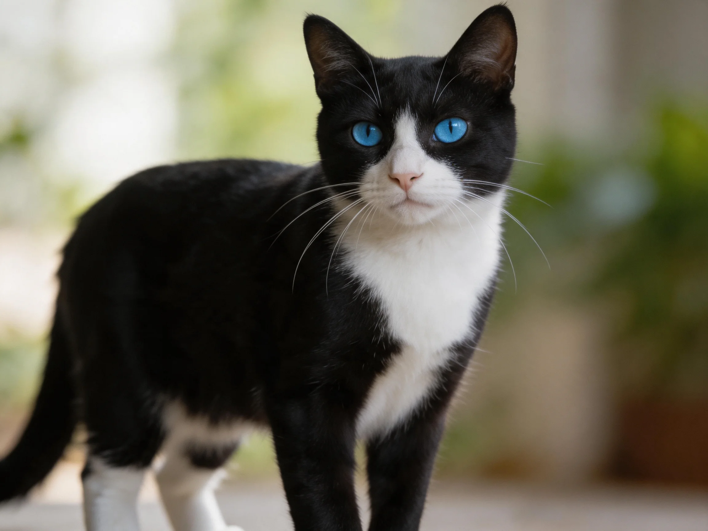A black-and-white cat with striking blue eyes stands alertly