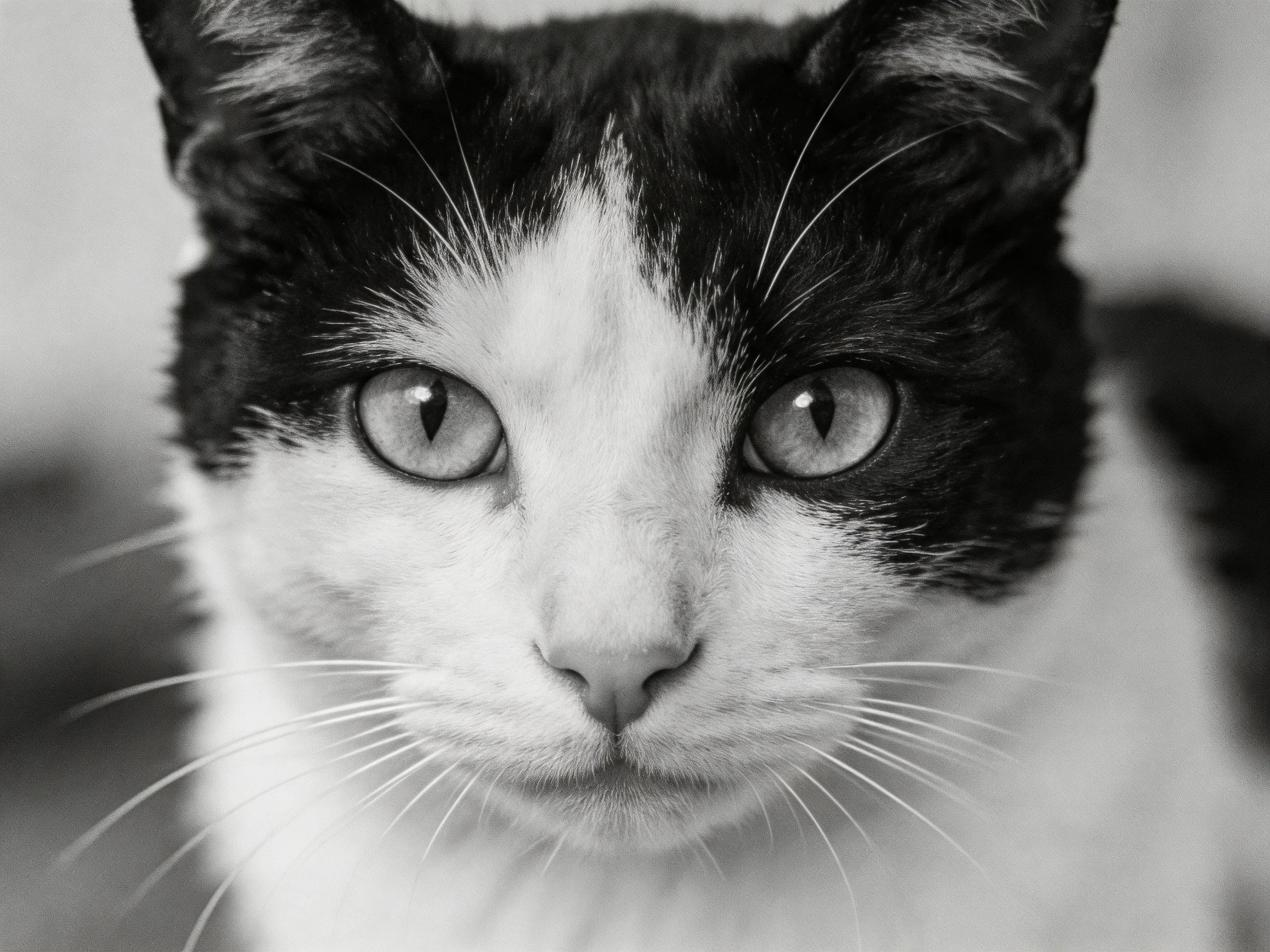 A black and white cat with striking eyes in monochrome