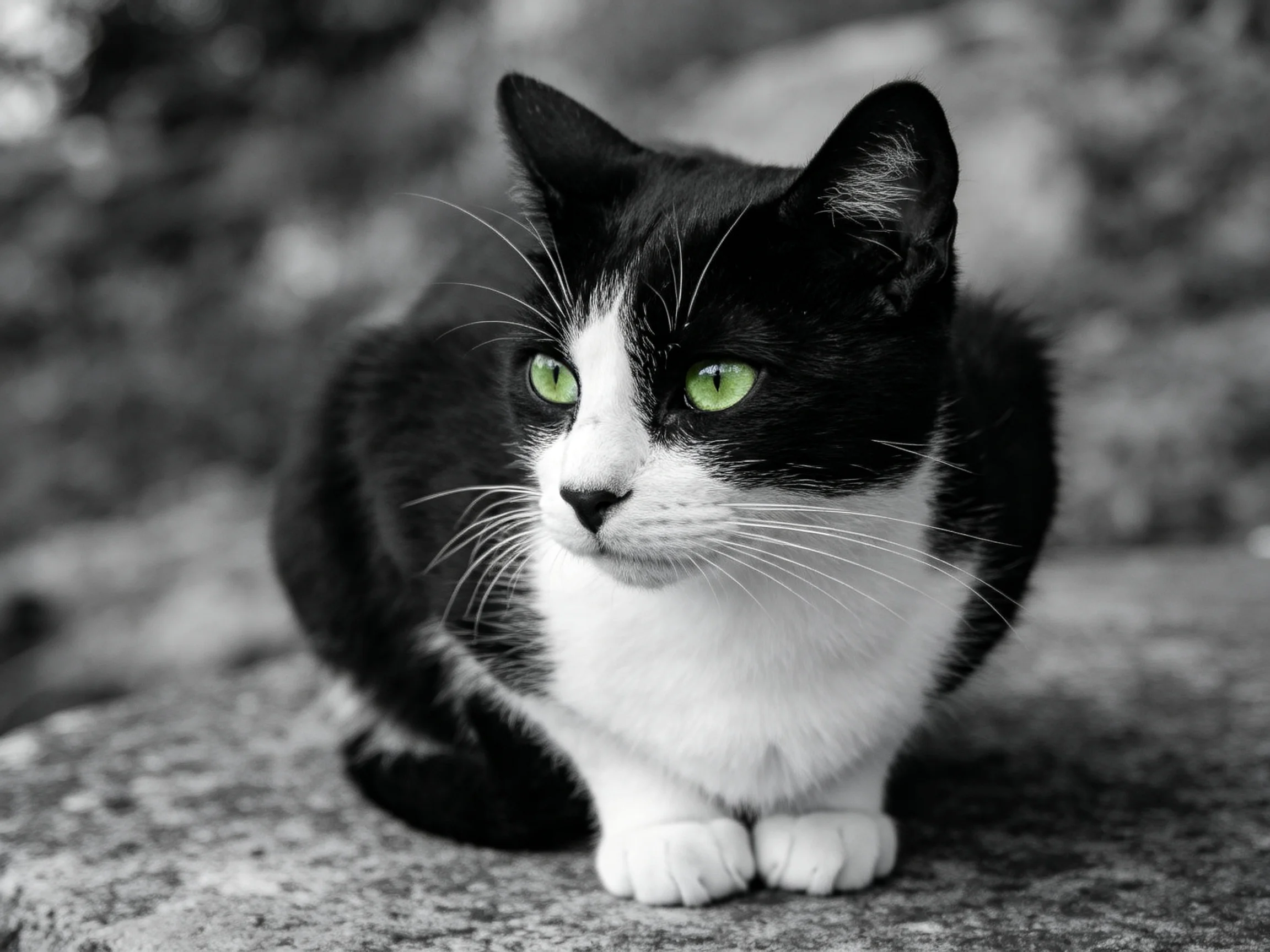 A black-and-white cat with striking green eyes rests on a stone surface