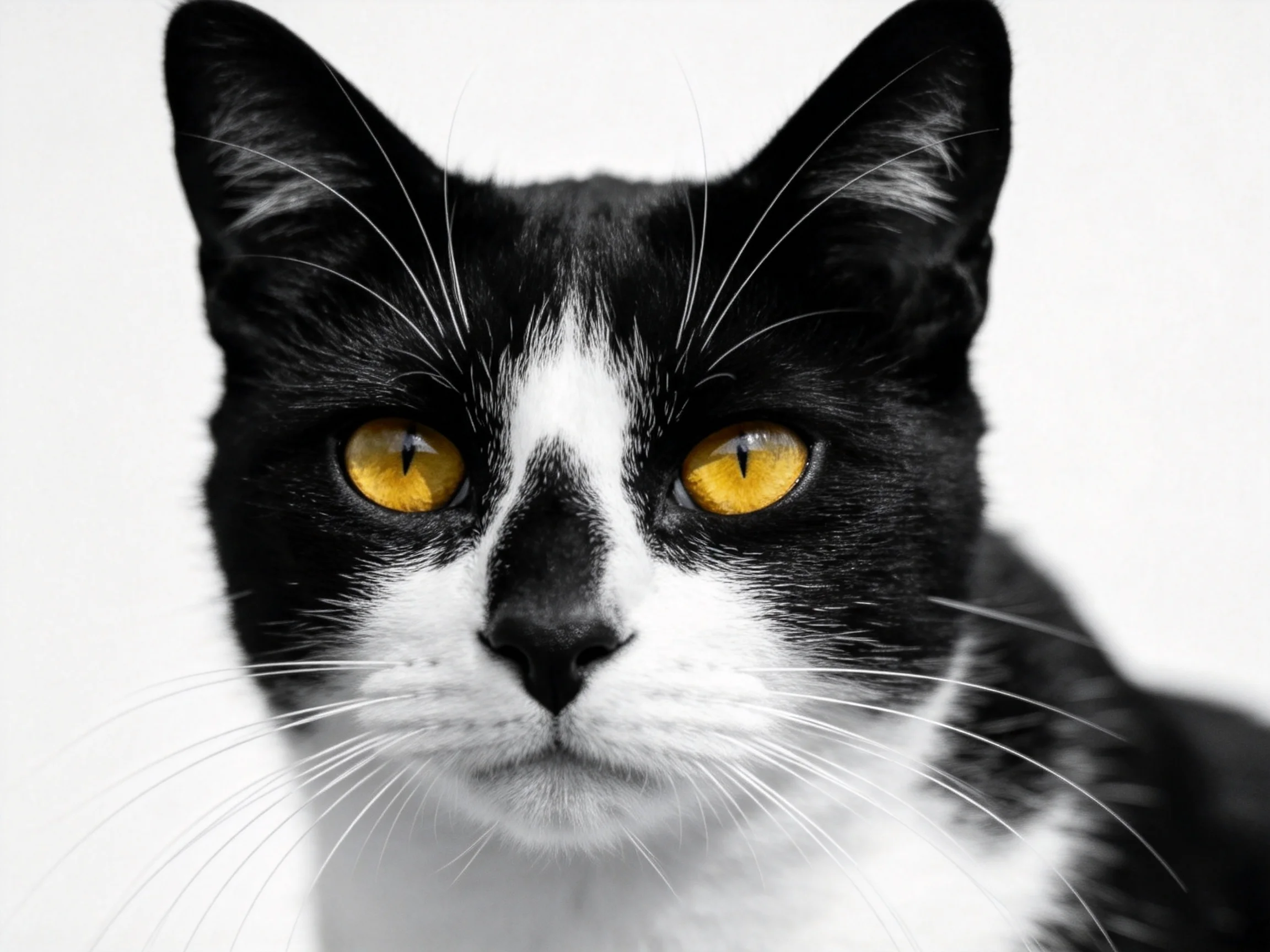 A black and white cat with striking yellow eyes against a plain backdrop