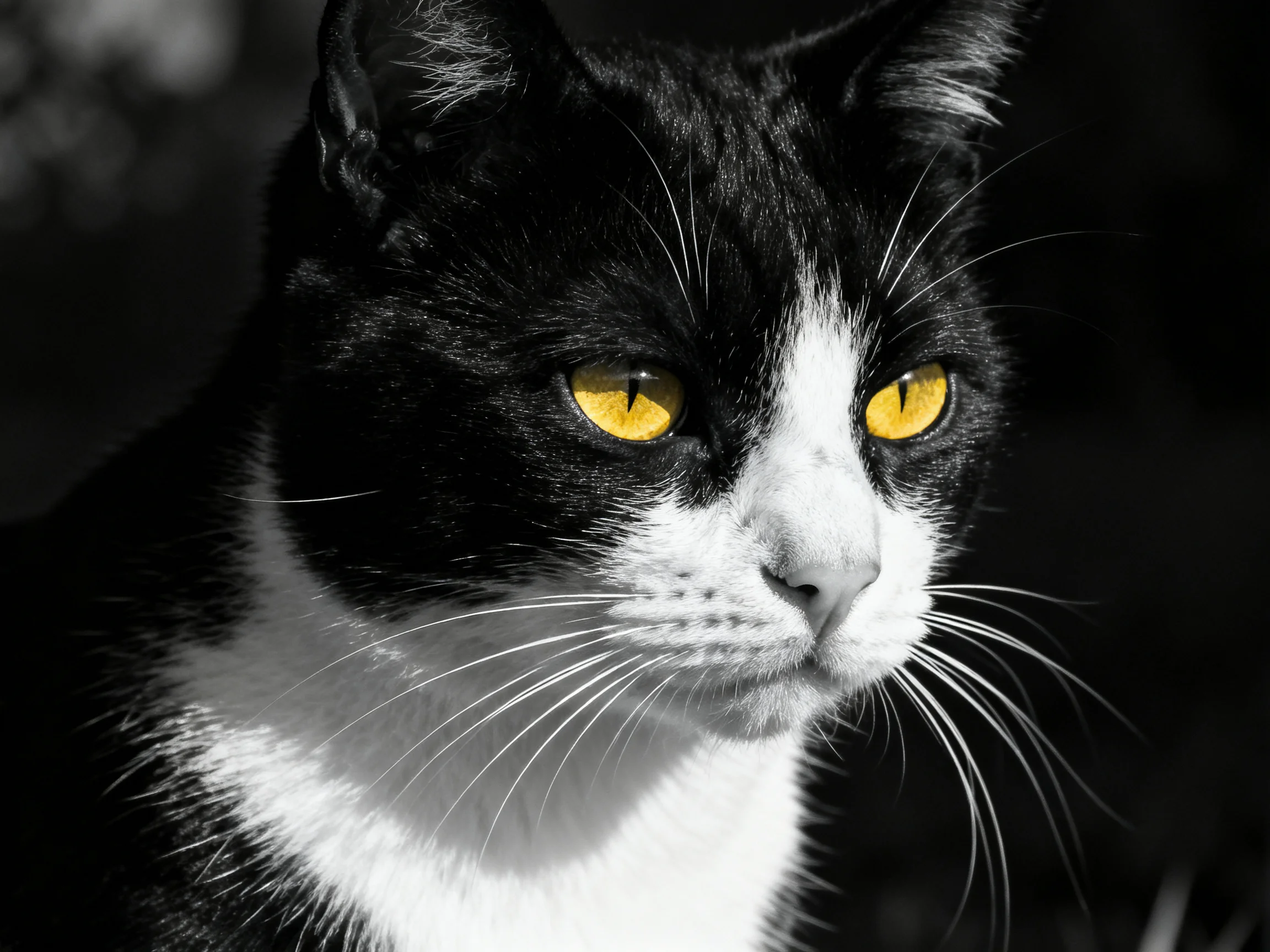 A black and white cat with striking yellow eyes against dark surroundings