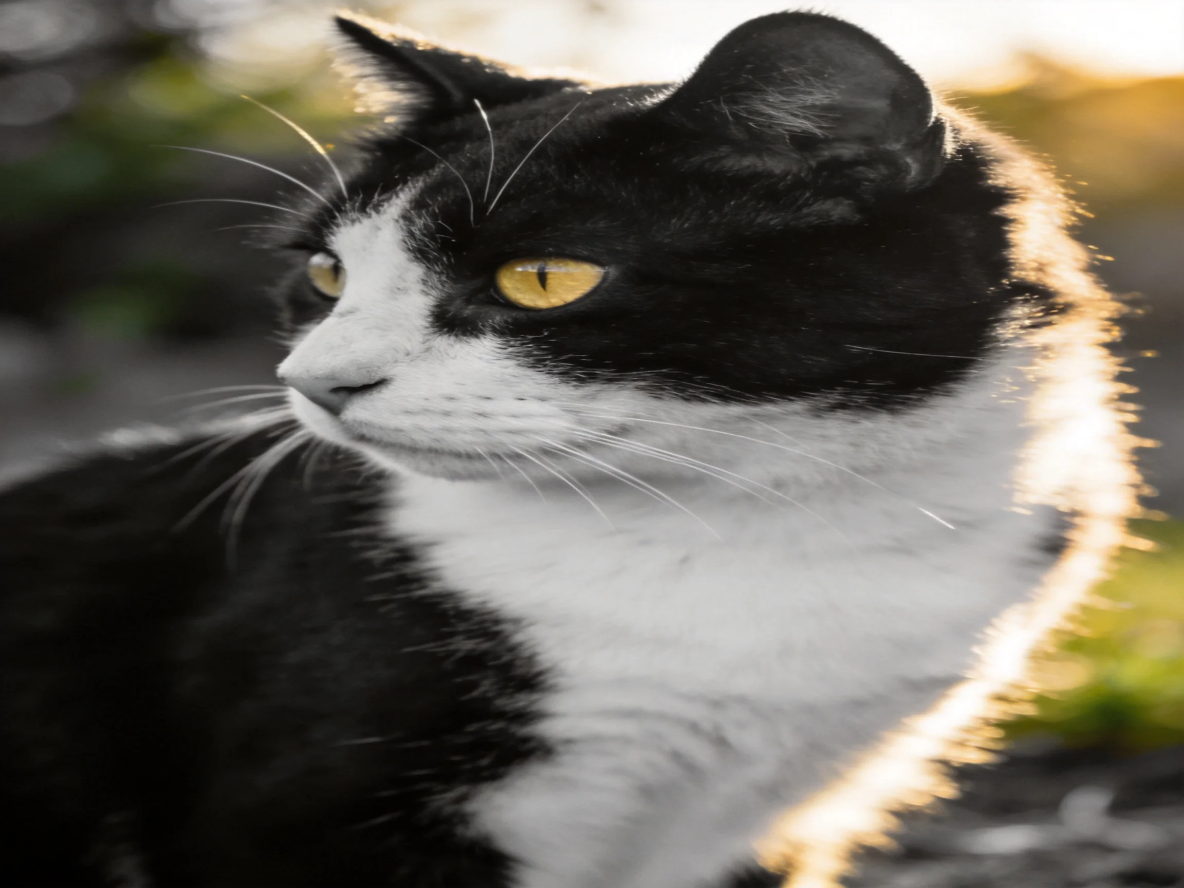 A black and white cat with striking yellow eyes bathed in golden sunlight