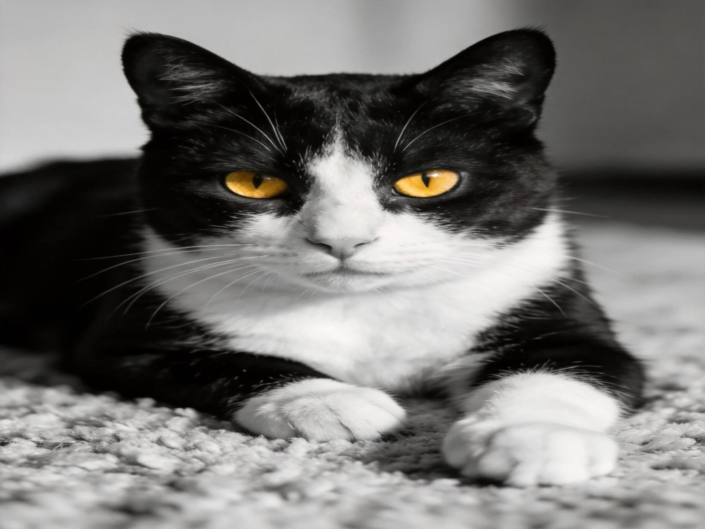 A black and white cat with striking yellow eyes rests on a textured carpet