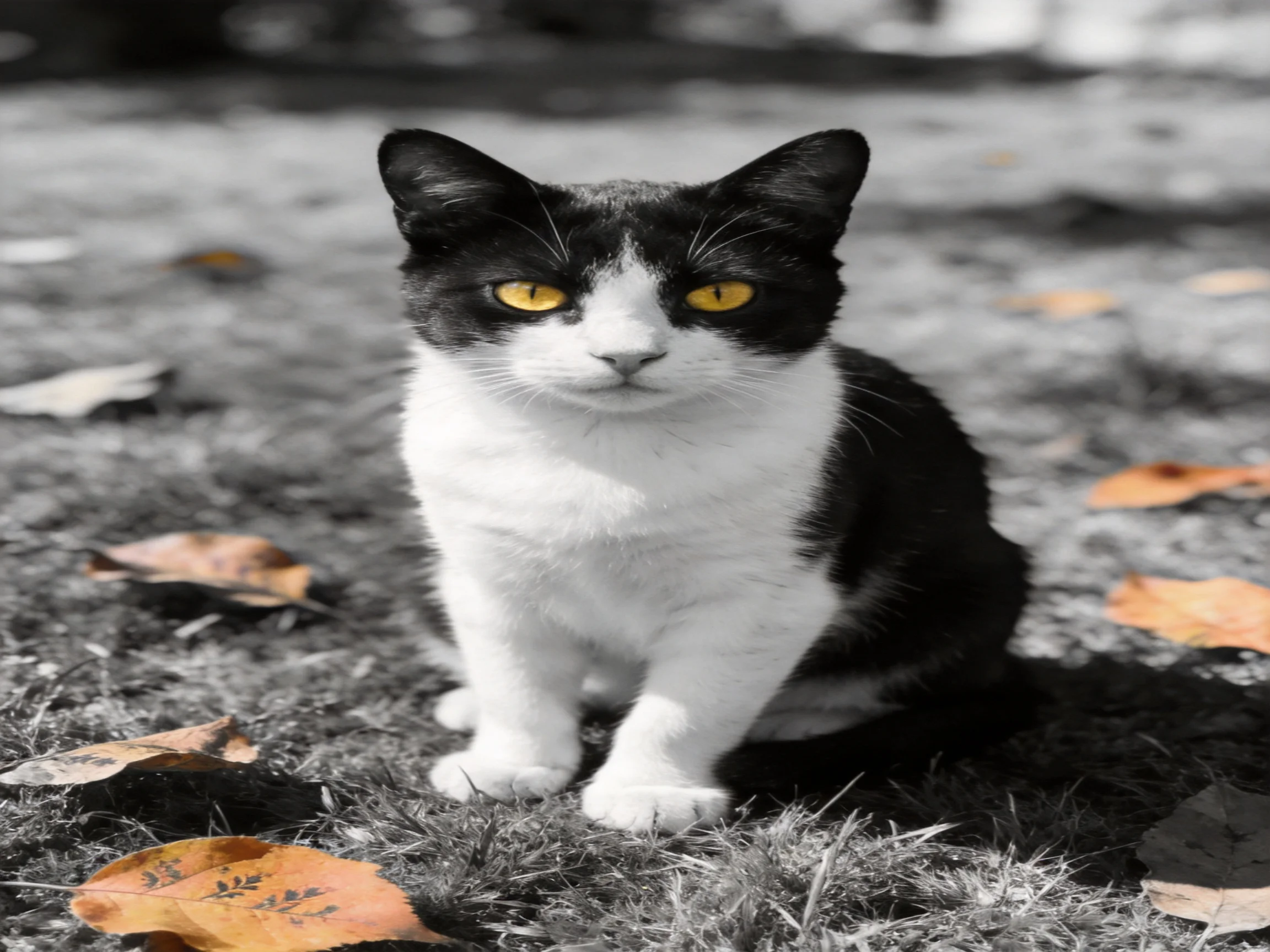 A black-and-white cat with striking yellow eyes sits among scattered autumn leaves