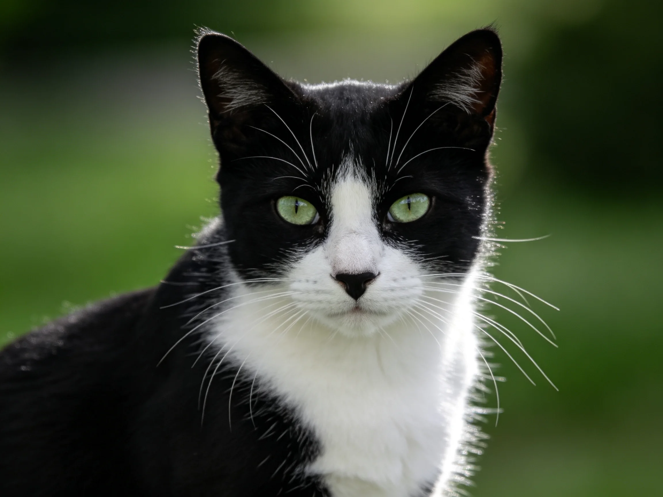 A black-and-white cat with green eyes sits before a blurred green backdrop.
